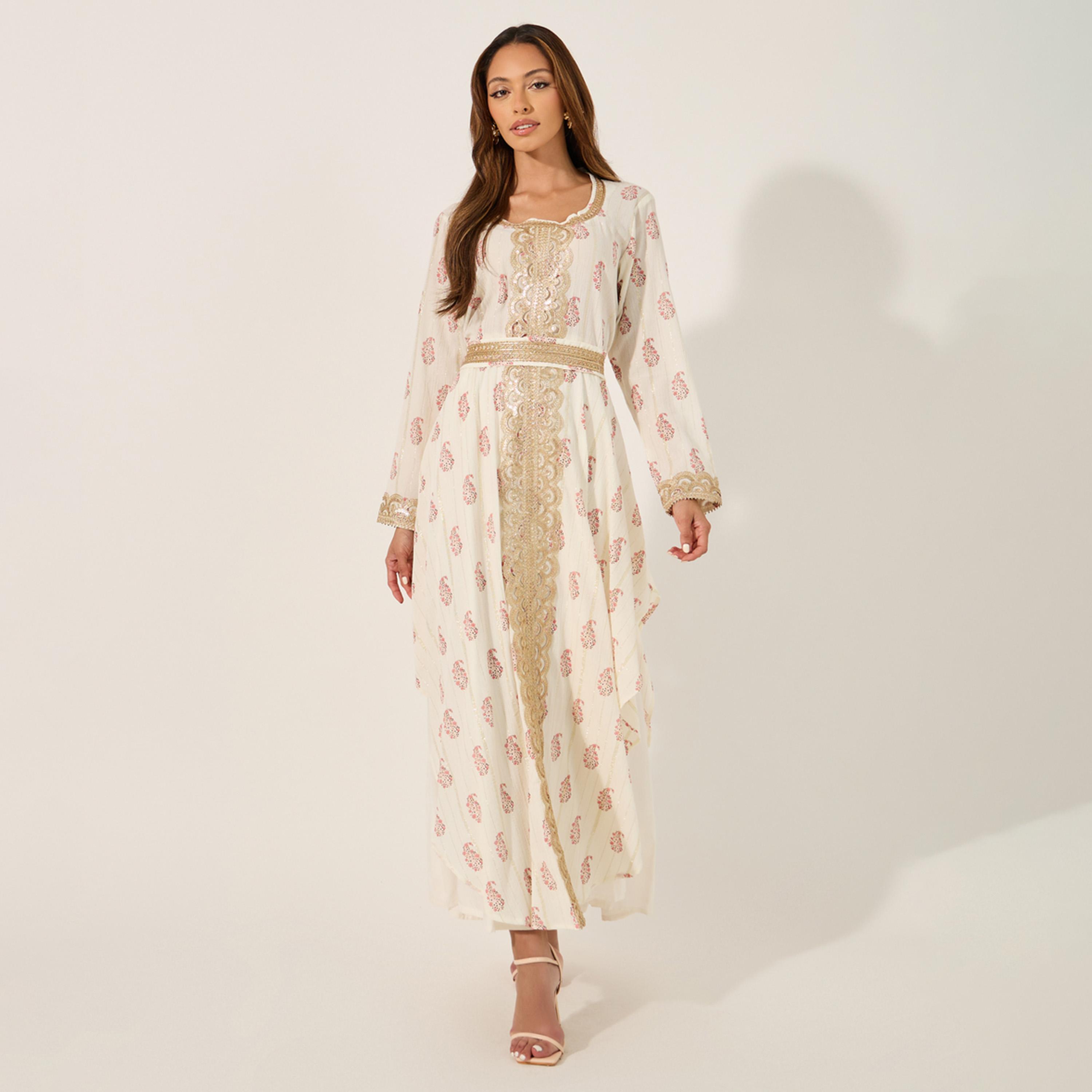 ستايلي - قفطان مطبوع برقبة دائرية وحزام وأجزاء دانتيل-women-arabicclothing-kaftan-image-1