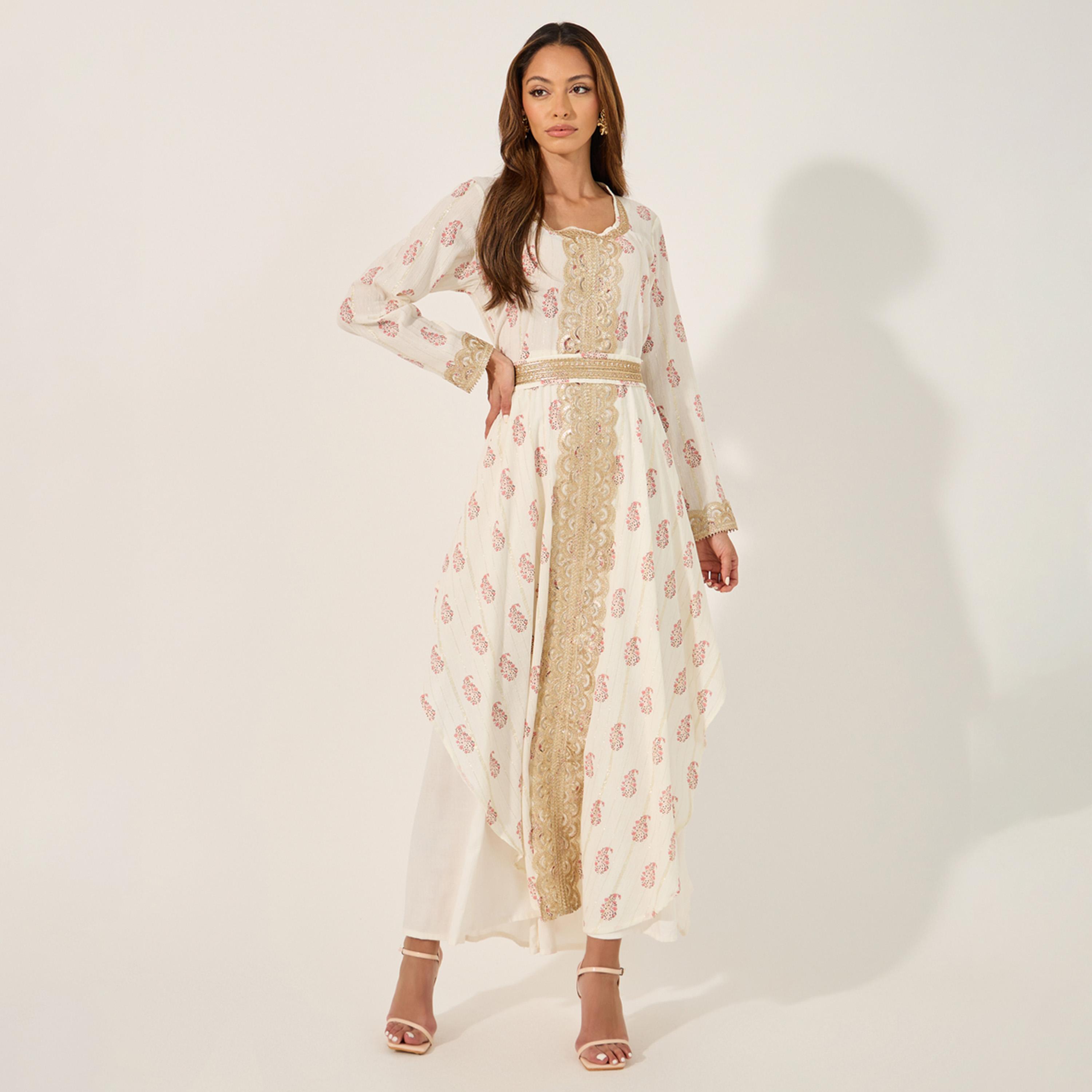 ستايلي - قفطان مطبوع برقبة دائرية وحزام وأجزاء دانتيل-women-arabicclothing-kaftan-image-2