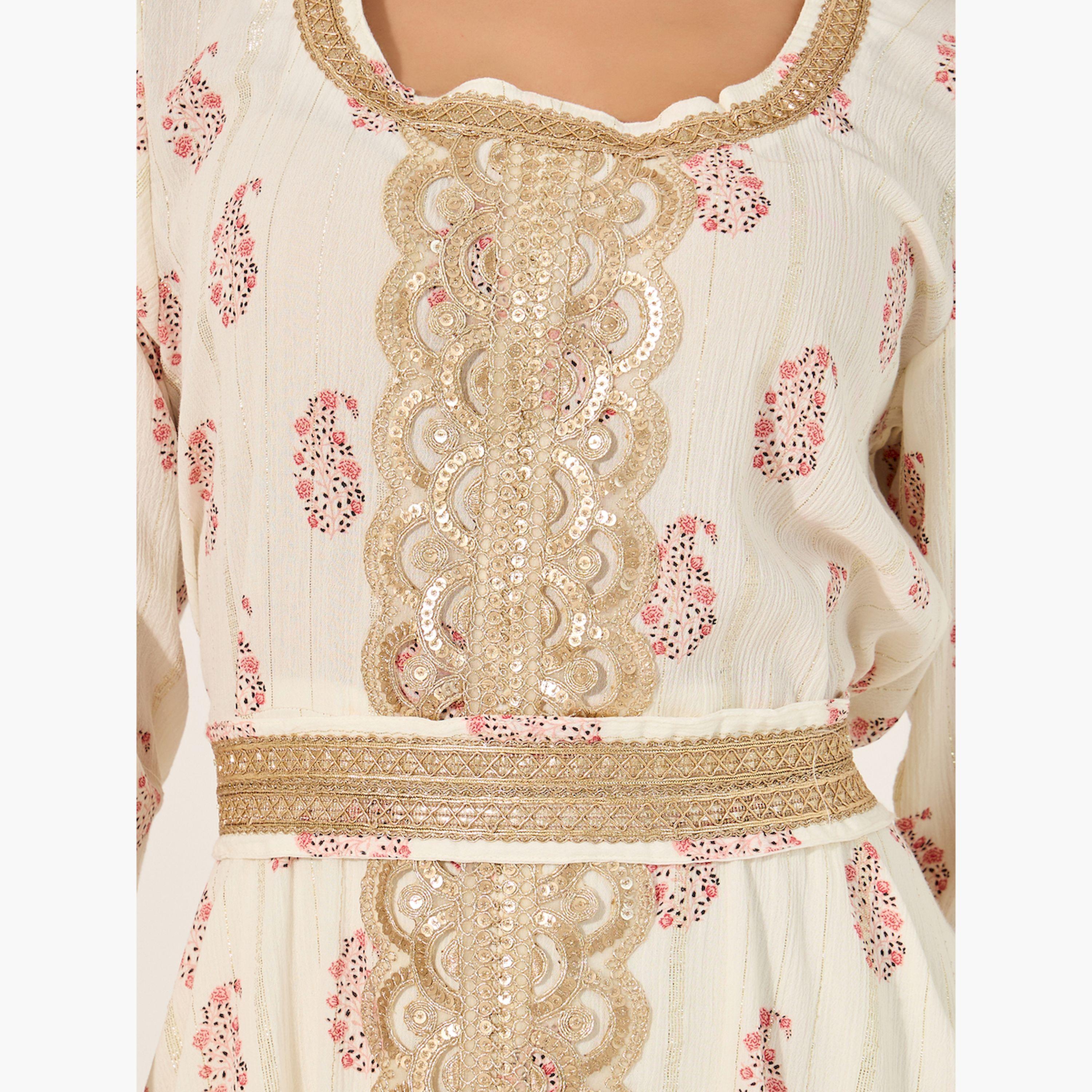 Styli Printed Round Neck Lace Insert Belted Kaftan-women-arabicclothing-kaftan-image-4
