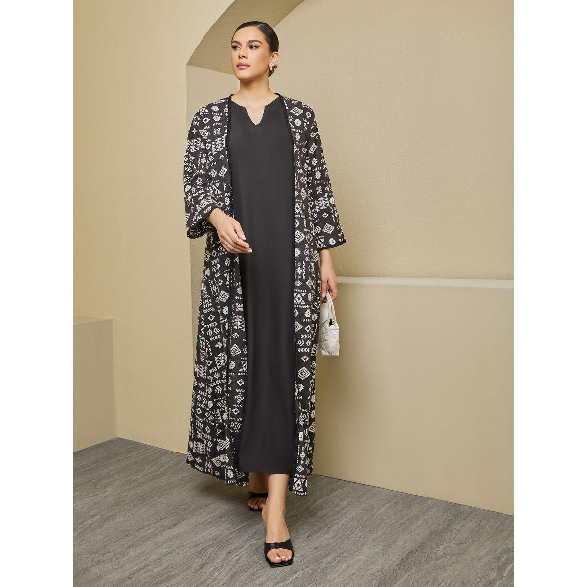 Styli All-Over Print Belted Abaya with Inner Dress Set-women-arabicclothing-abayas-image-2