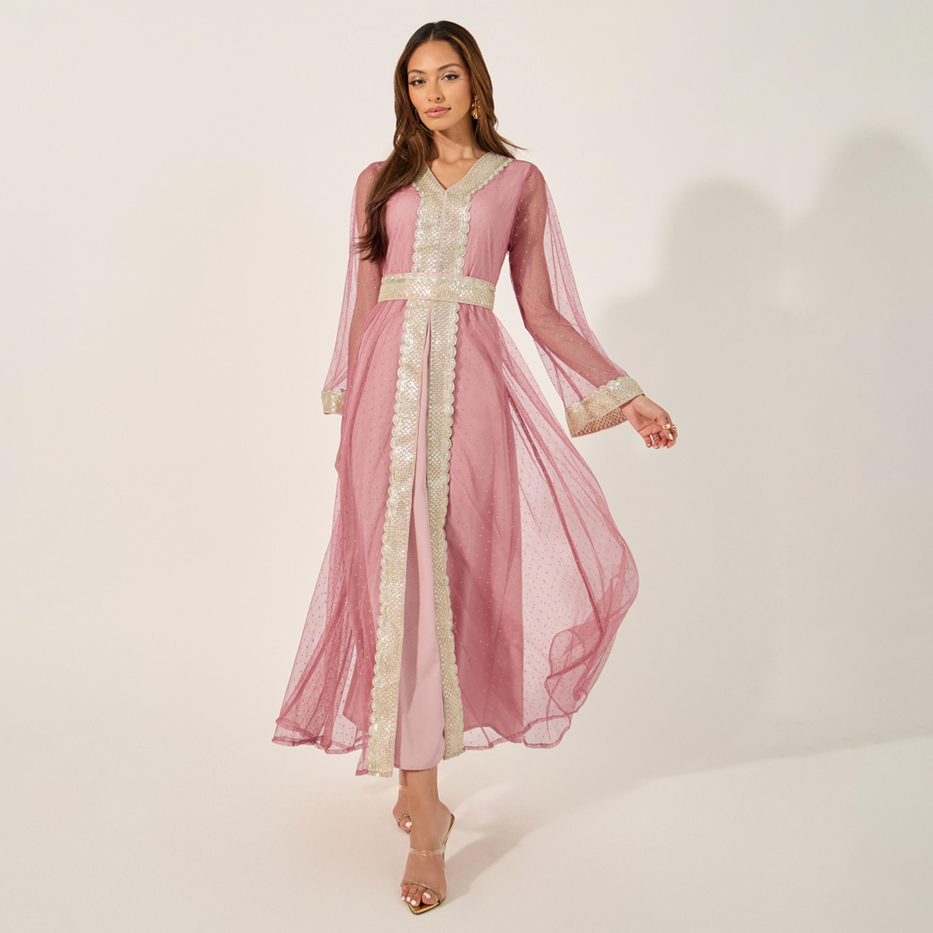 ستايلي - قفطان بحزام ورقبة على شكل V مع فستان داخلي-women-arabicclothing-kaftan-image-1