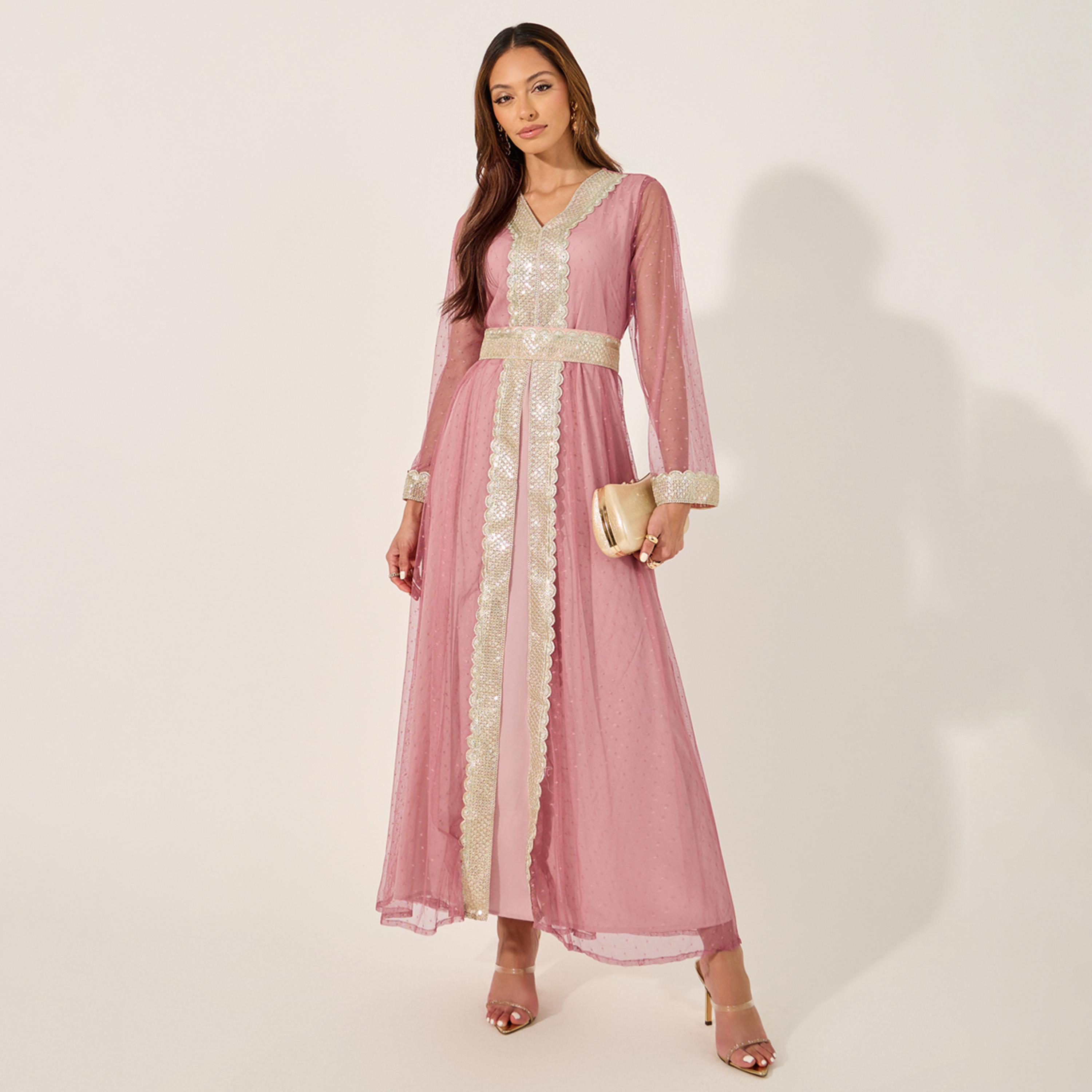 ستايلي - قفطان بحزام ورقبة على شكل V مع فستان داخلي-women-arabicclothing-kaftan-image-2