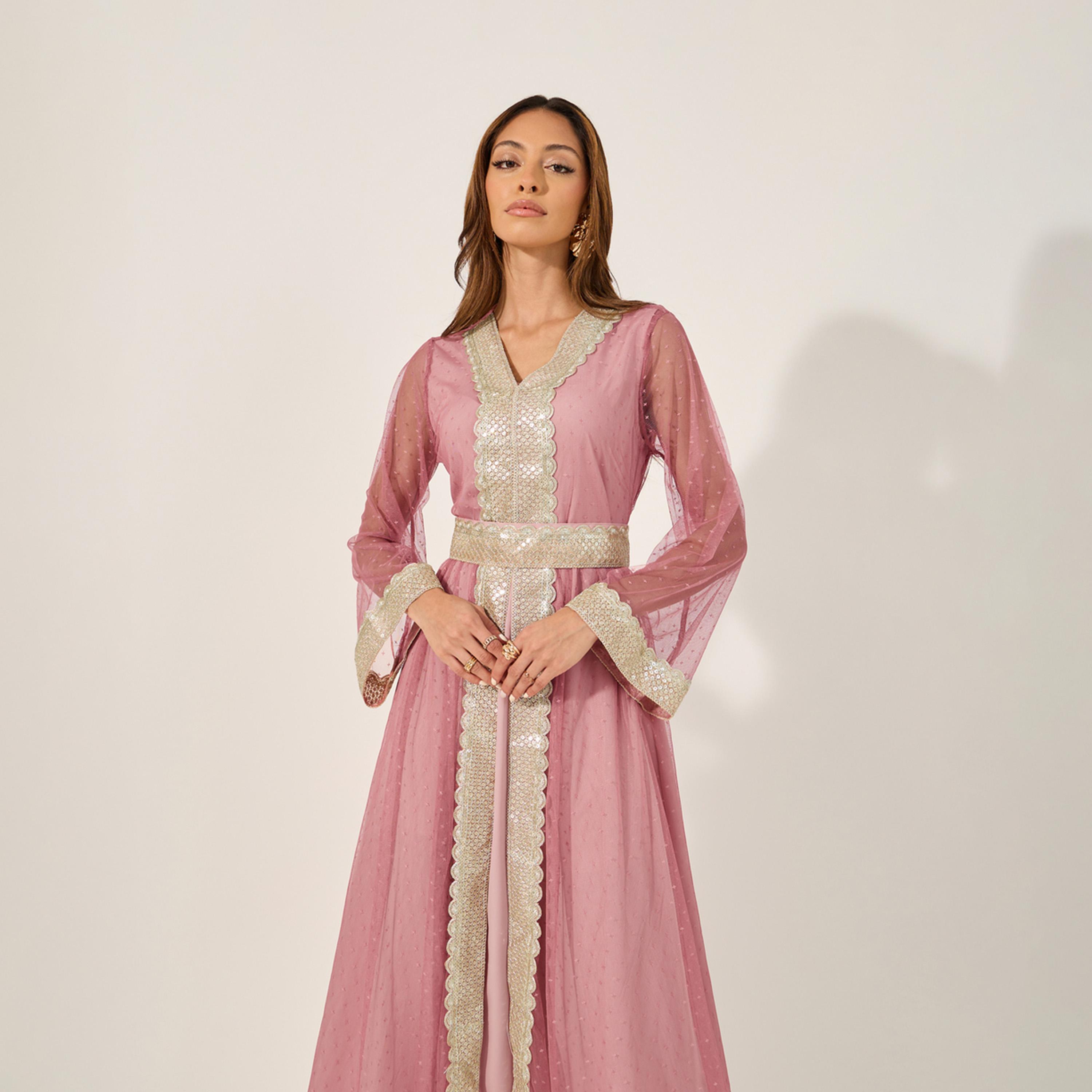 ستايلي - قفطان بحزام ورقبة على شكل V مع فستان داخلي-women-arabicclothing-kaftan-image-3