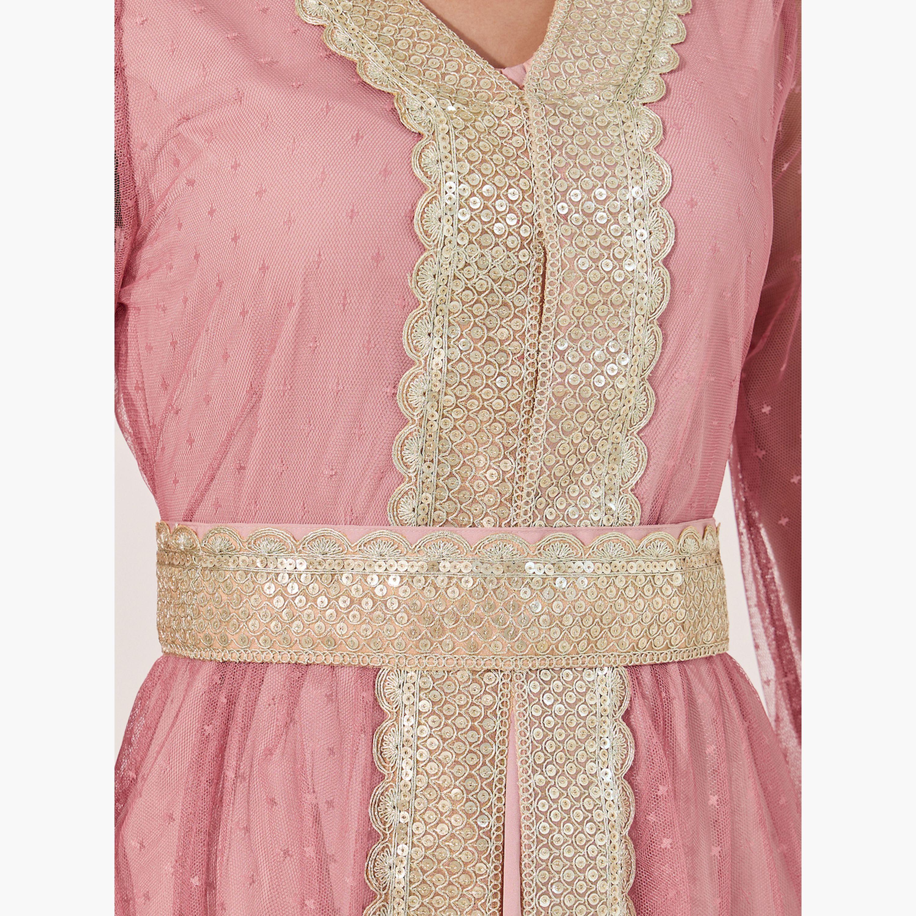 ستايلي - قفطان بحزام ورقبة على شكل V مع فستان داخلي-women-arabicclothing-kaftan-image-4