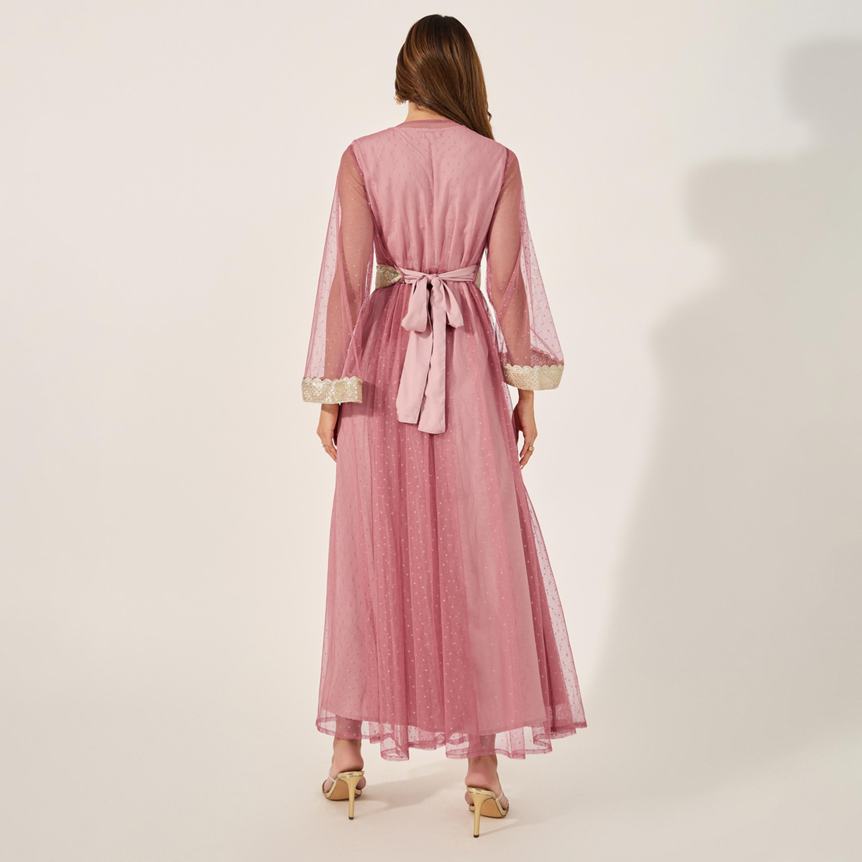 ستايلي - قفطان بحزام ورقبة على شكل V مع فستان داخلي-women-arabicclothing-kaftan-image-5