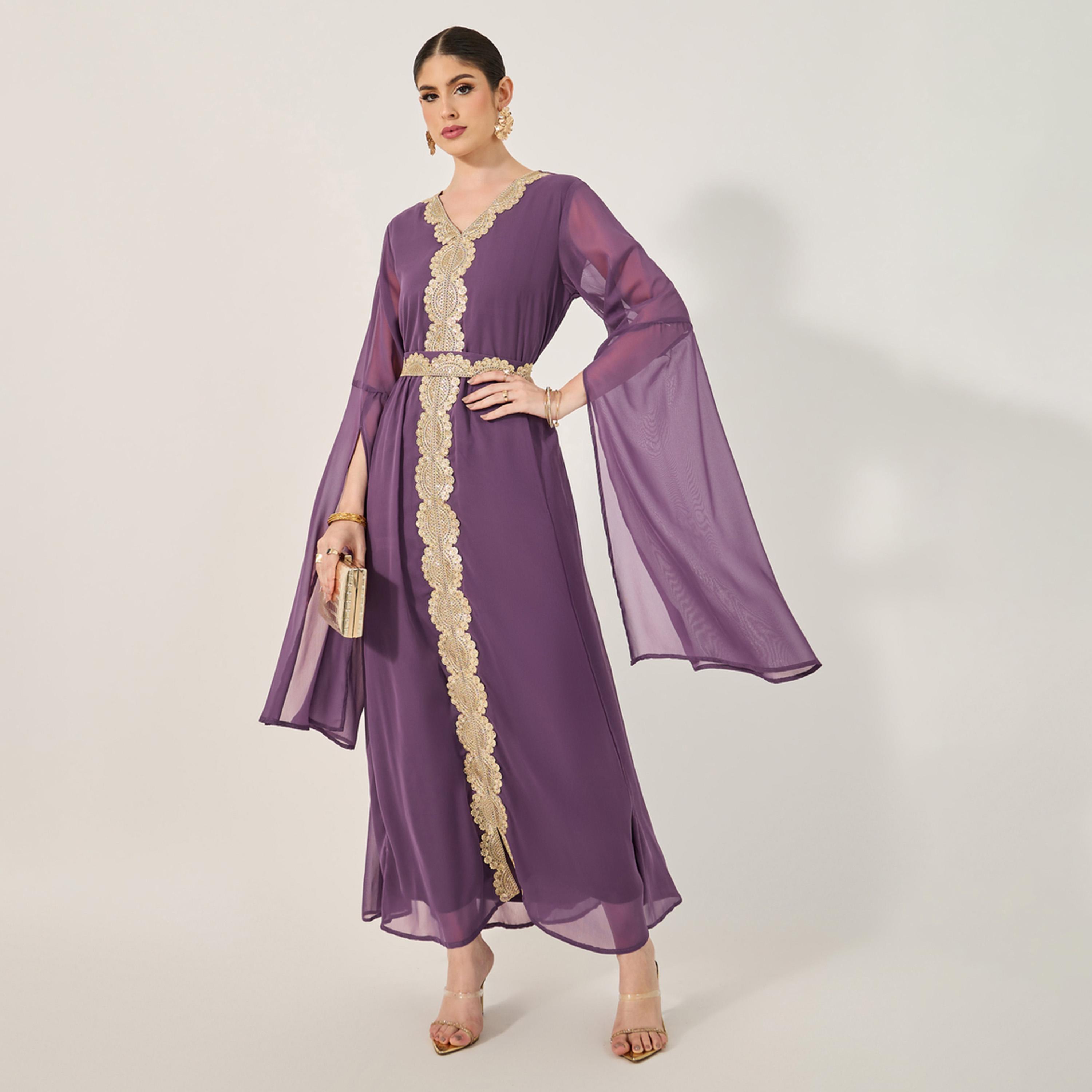 Styli Lace Insert Cape Sleeve V-Neck A-Line Kaftan-women-arabicclothing-kaftan-image-1