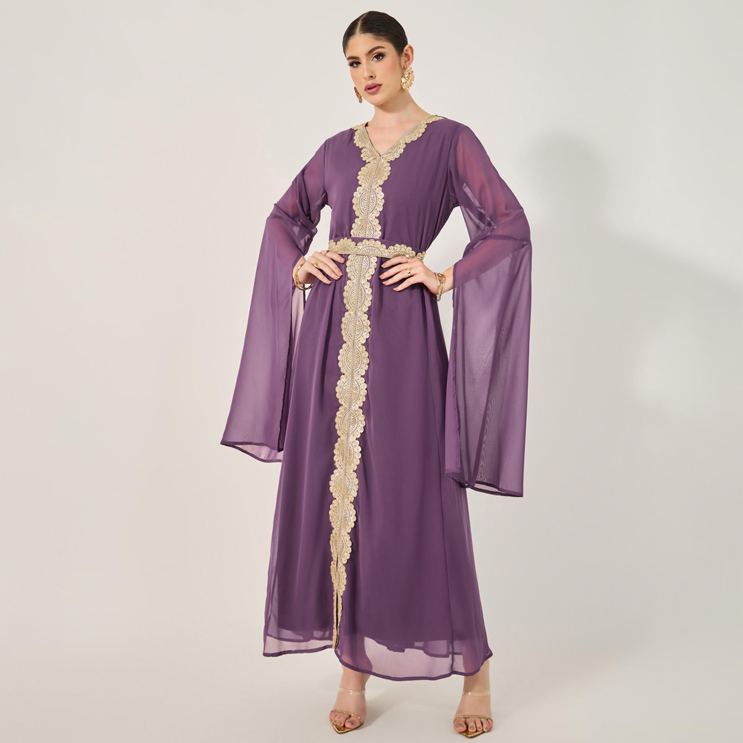 Styli Lace Insert Cape Sleeve V-Neck A-Line Kaftan-women-arabicclothing-kaftan-image-2