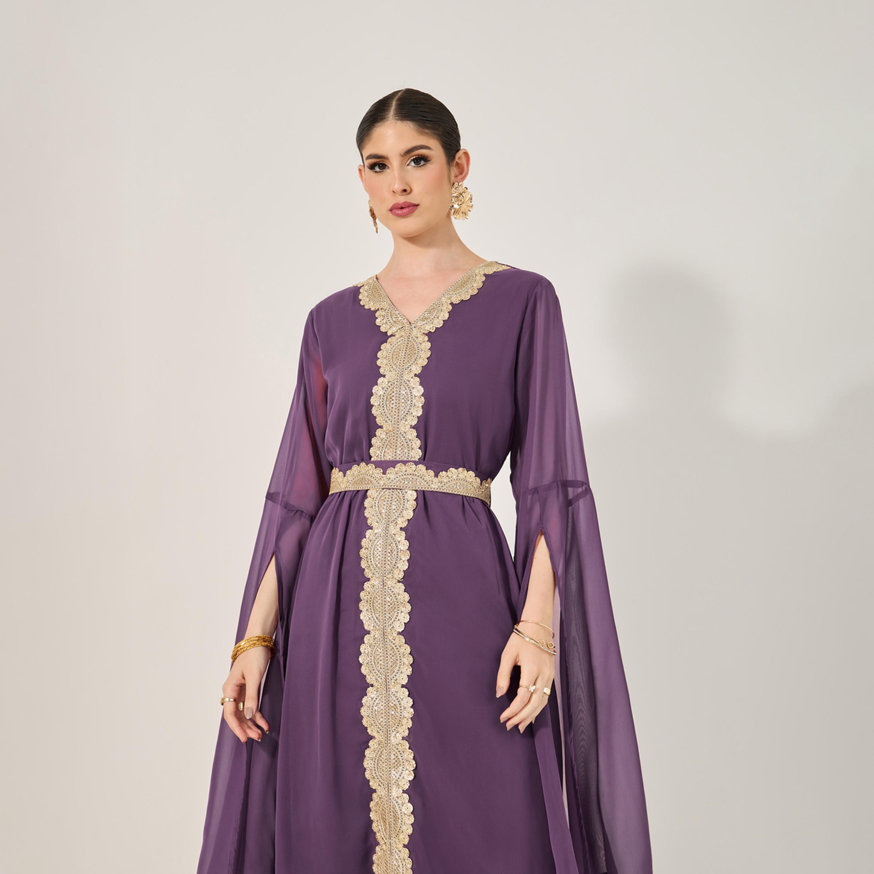 Styli Lace Insert Cape Sleeve V-Neck A-Line Kaftan-women-arabicclothing-kaftan-image-3