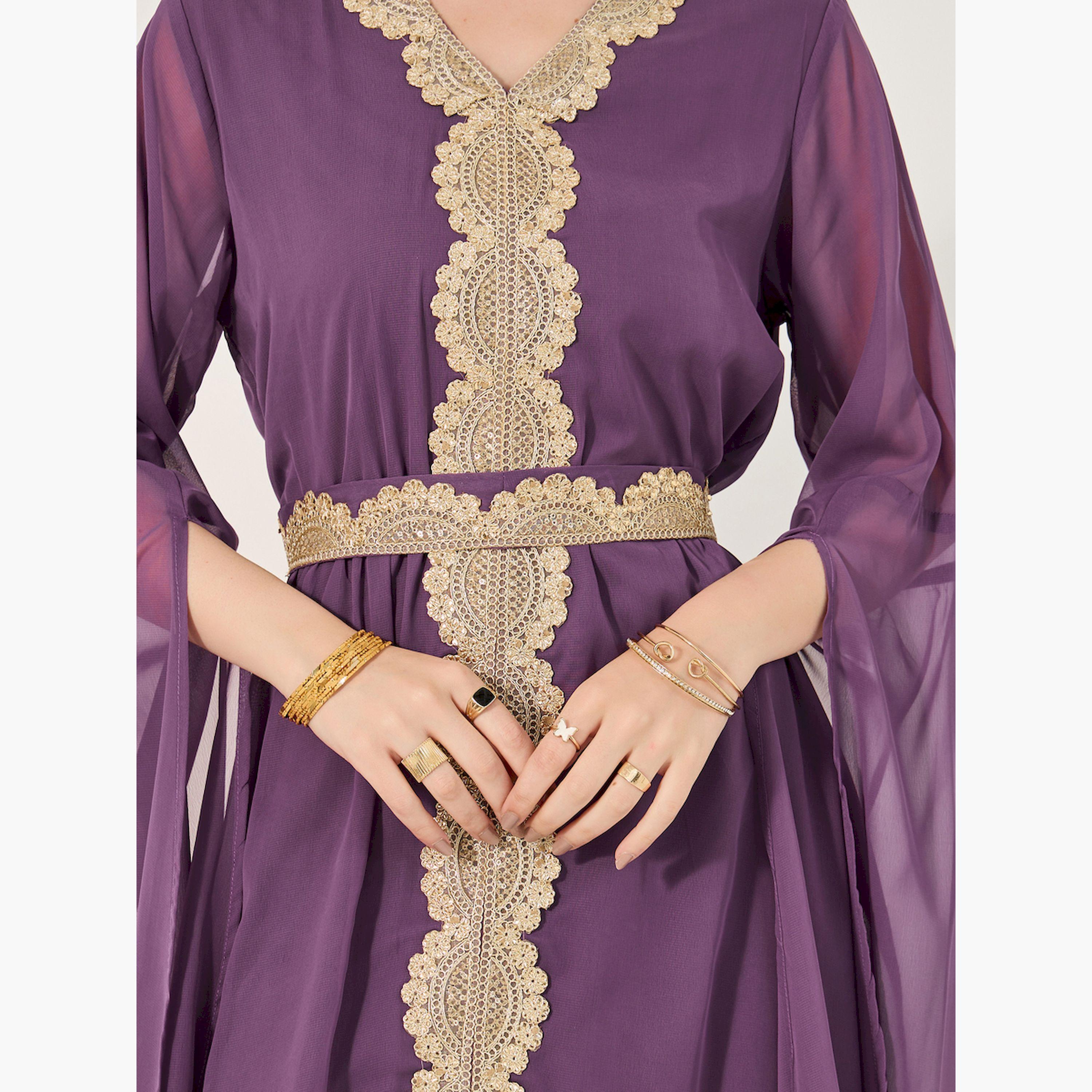 Styli Lace Insert Cape Sleeve V-Neck A-Line Kaftan-women-arabicclothing-kaftan-image-4