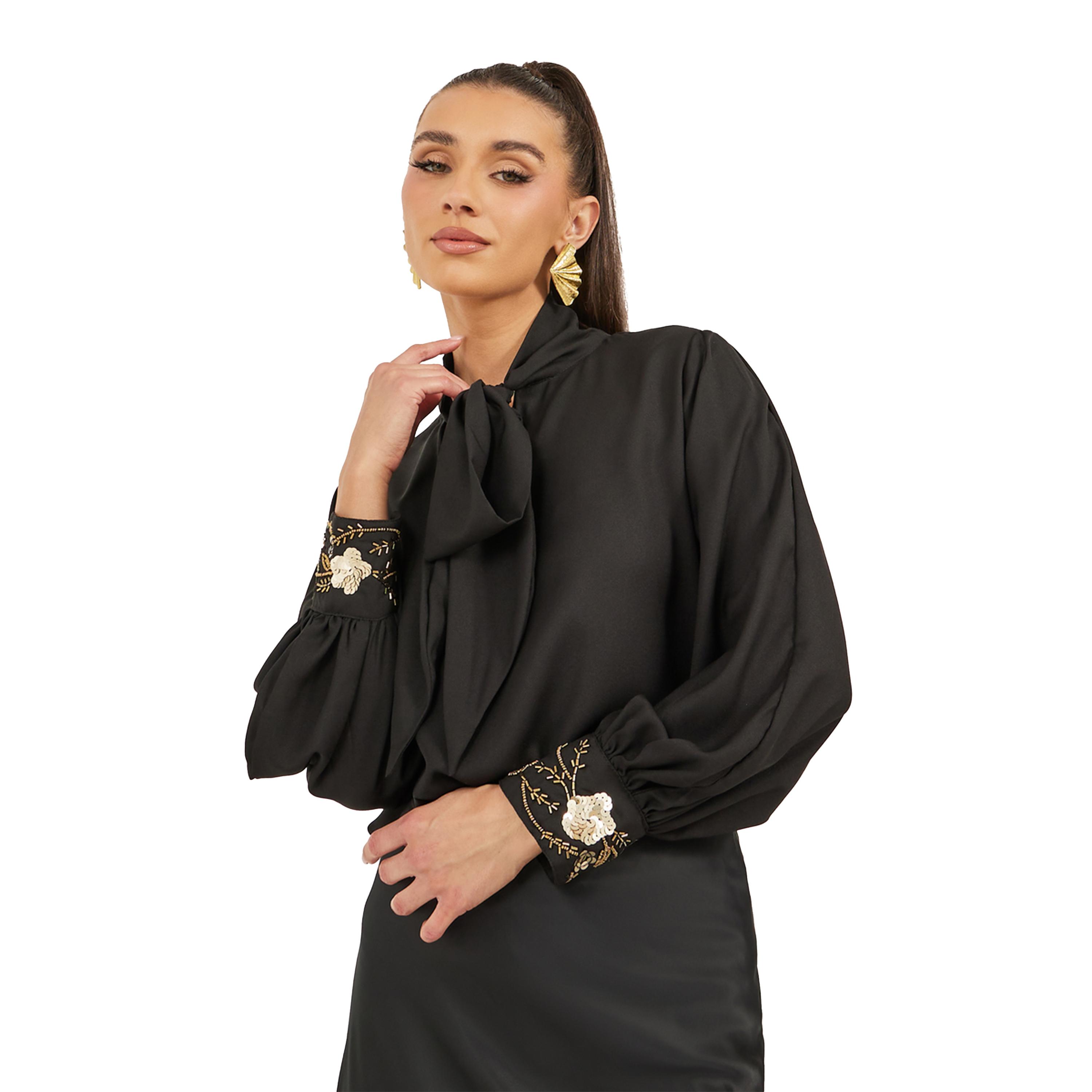 ستايلي -  بلوزة برباط حول الرقبة مزينة بتفاصيل مطرزة بالترتر-women-clothing-shirtsandblouses-blouses-image-1