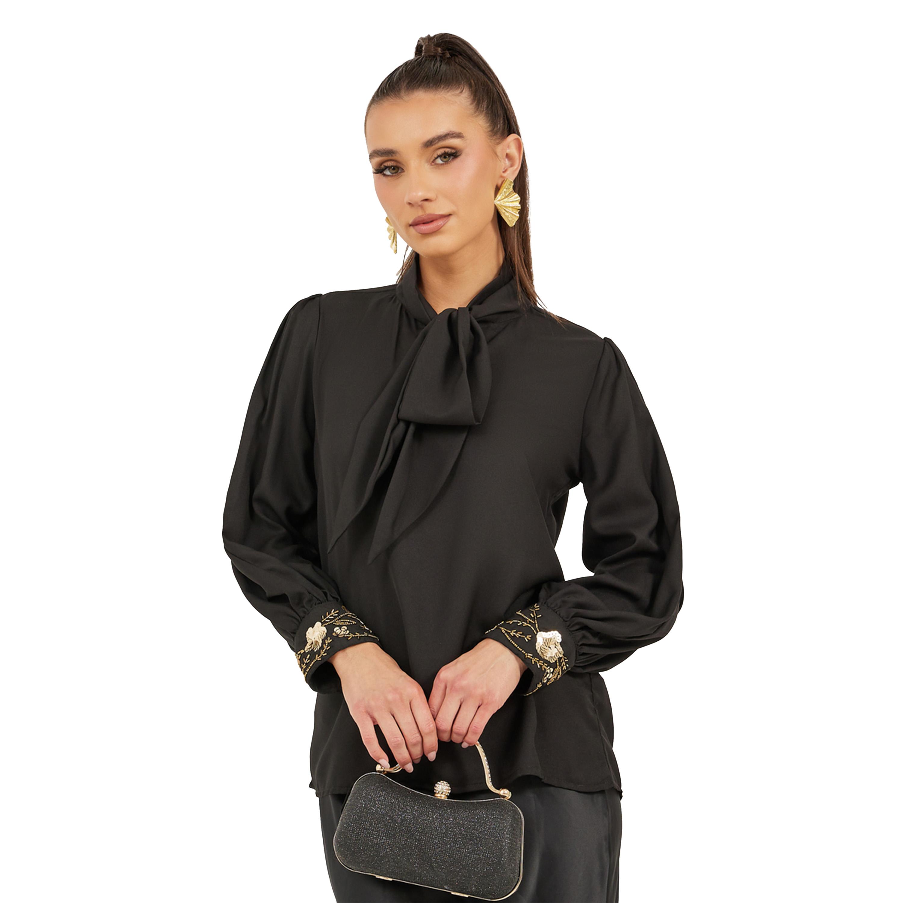 Styli Sequin Embroidered Detail Tie-Up Neck Blouse-women-clothing-shirtsandblouses-blouses-image-3