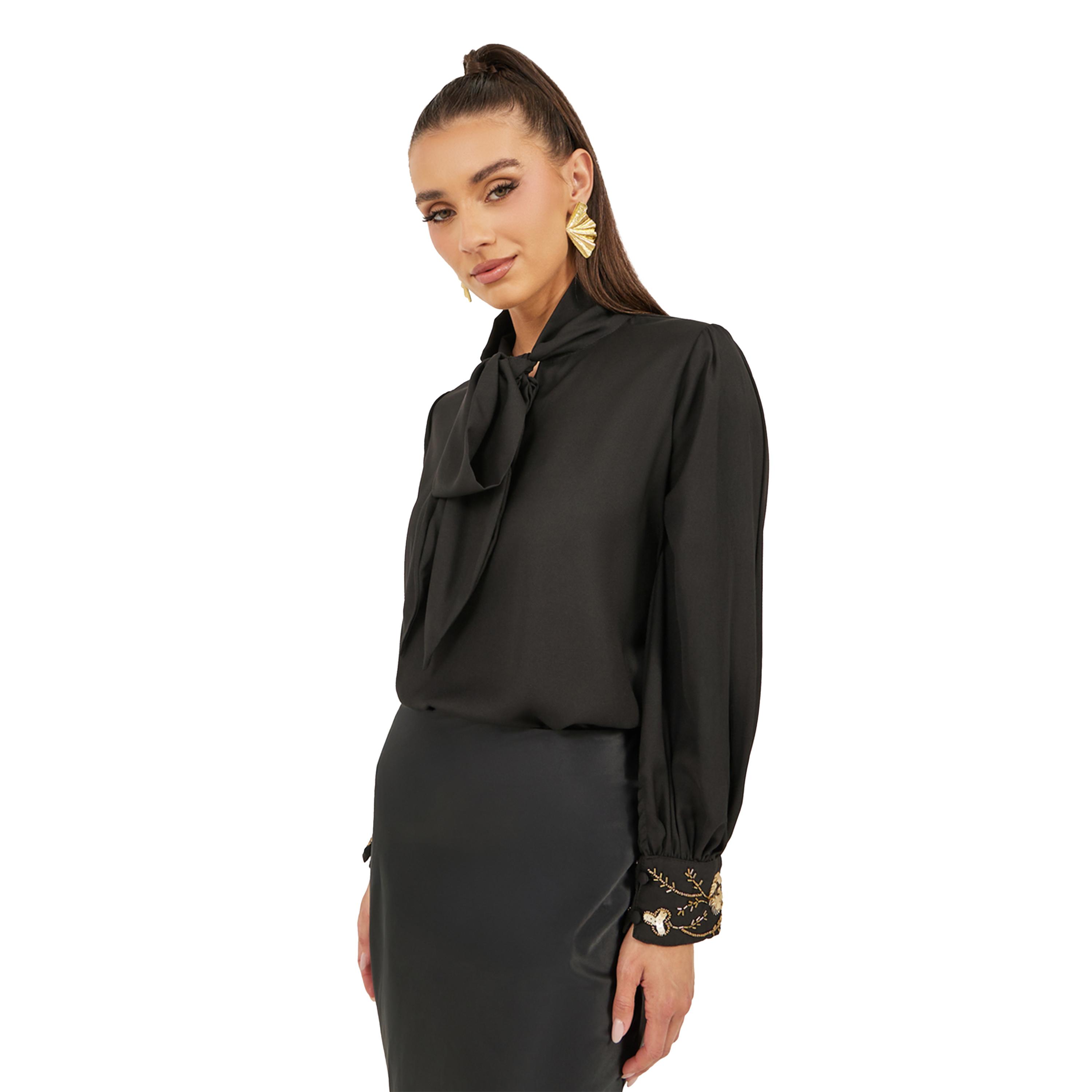 Styli Sequin Embroidered Detail Tie-Up Neck Blouse-women-clothing-shirtsandblouses-blouses-image-4