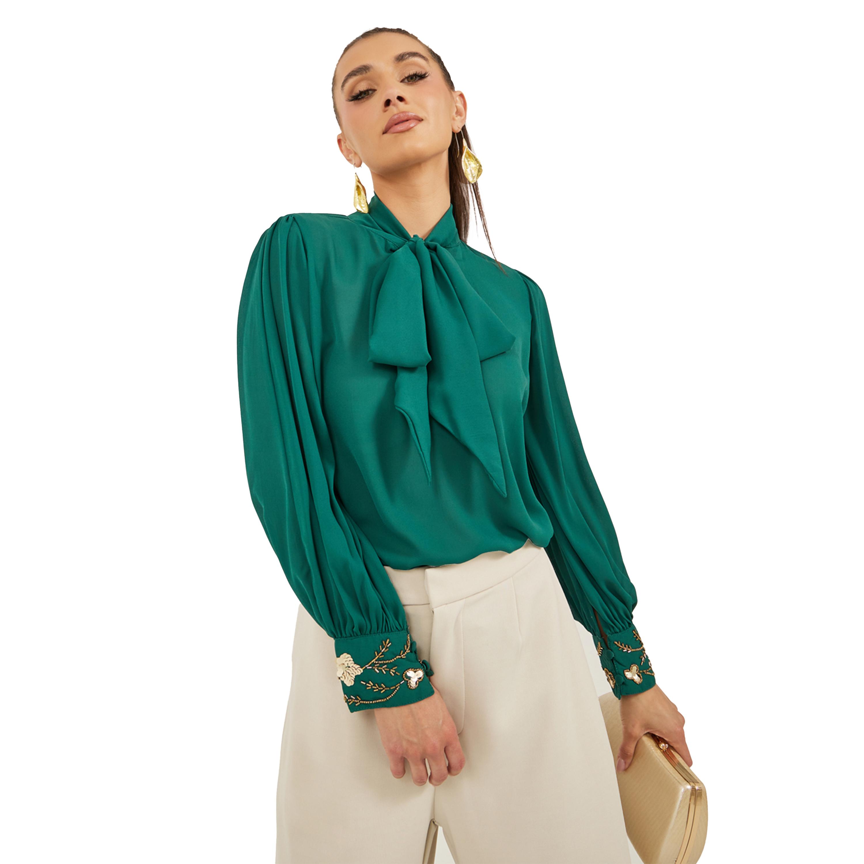 ستايلي -  بلوزة برباط حول الرقبة مزينة بتفاصيل مطرزة بالترتر-women-clothing-shirtsandblouses-blouses-image-1