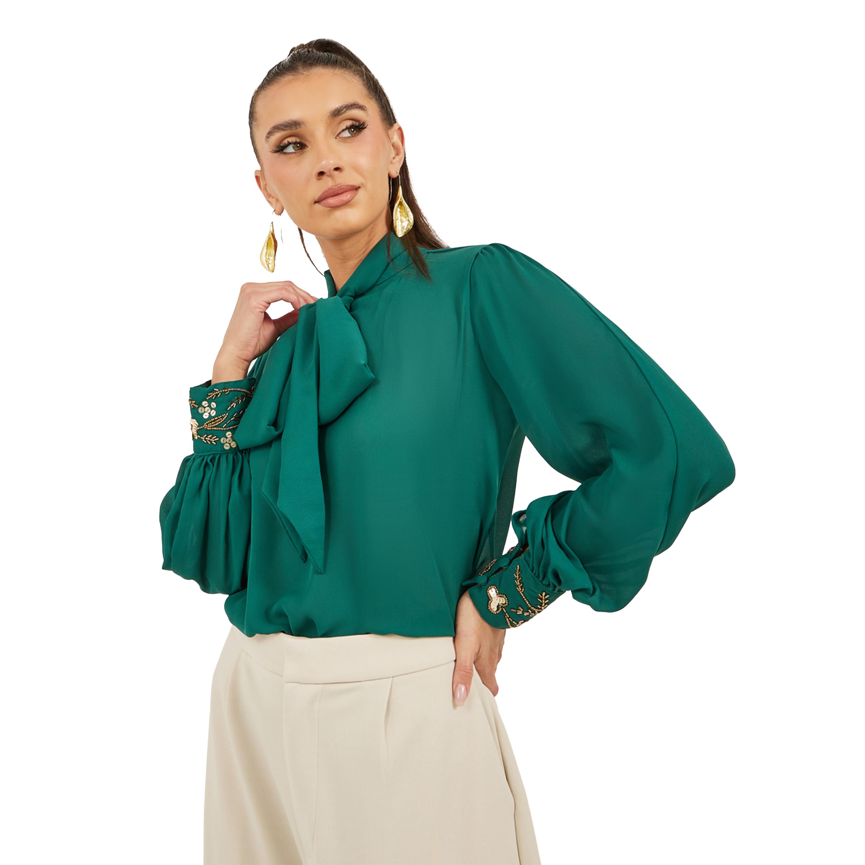 Styli Sequin Embroidered Detail Tie-Up Neck Blouse-women-clothing-shirtsandblouses-blouses-image-3
