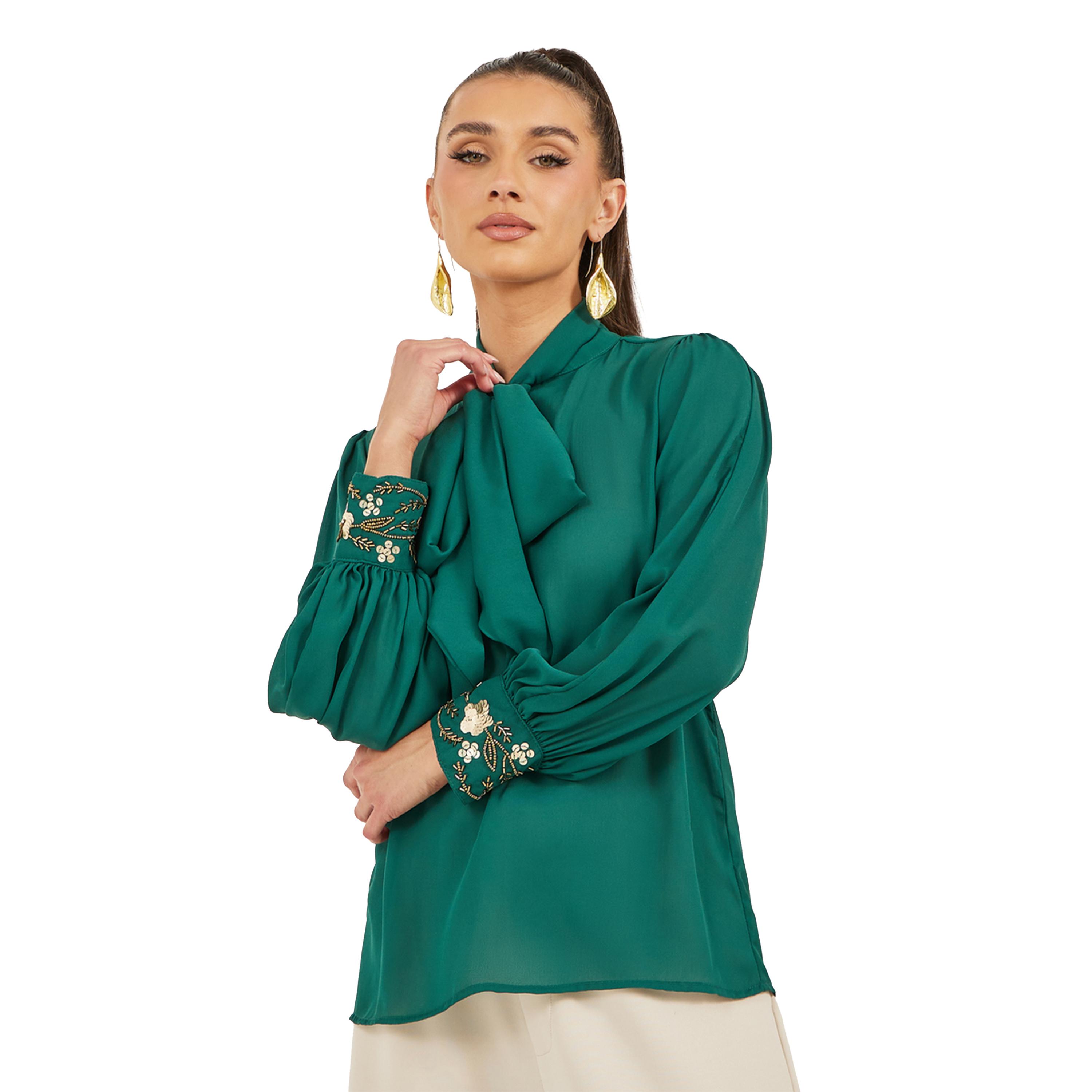ستايلي -  بلوزة برباط حول الرقبة مزينة بتفاصيل مطرزة بالترتر-women-clothing-shirtsandblouses-blouses-image-4