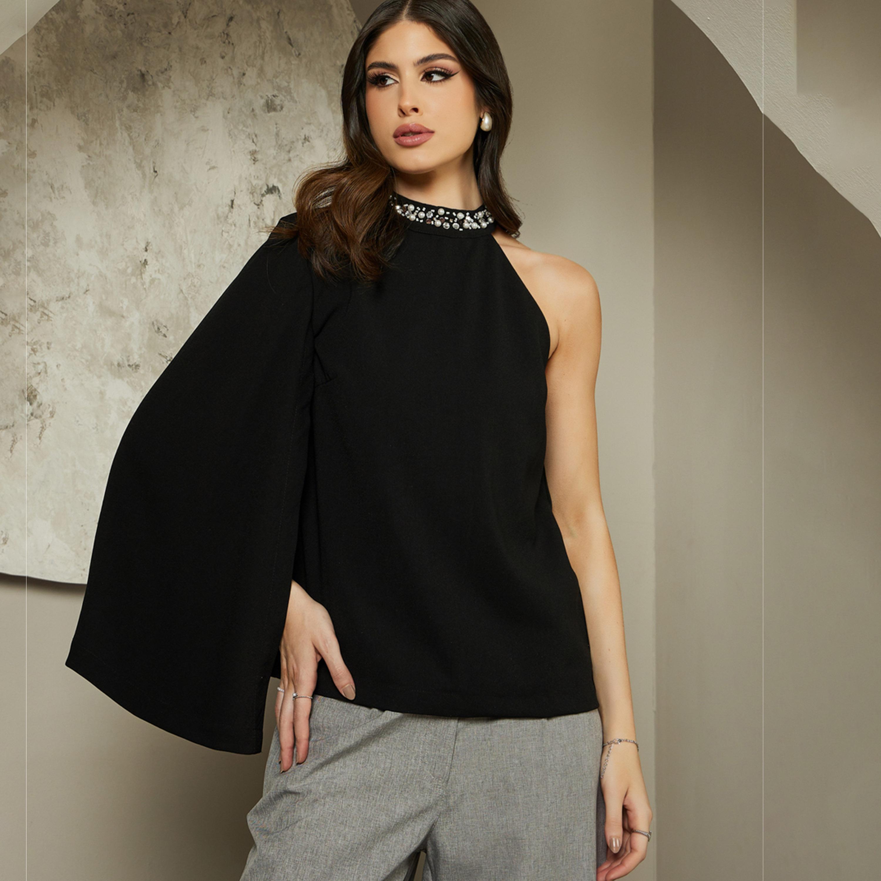 Styli Embellished One Cape Sleeve Halter Neck Blouse-women-clothing-shirtsandblouses-blouses-image-2