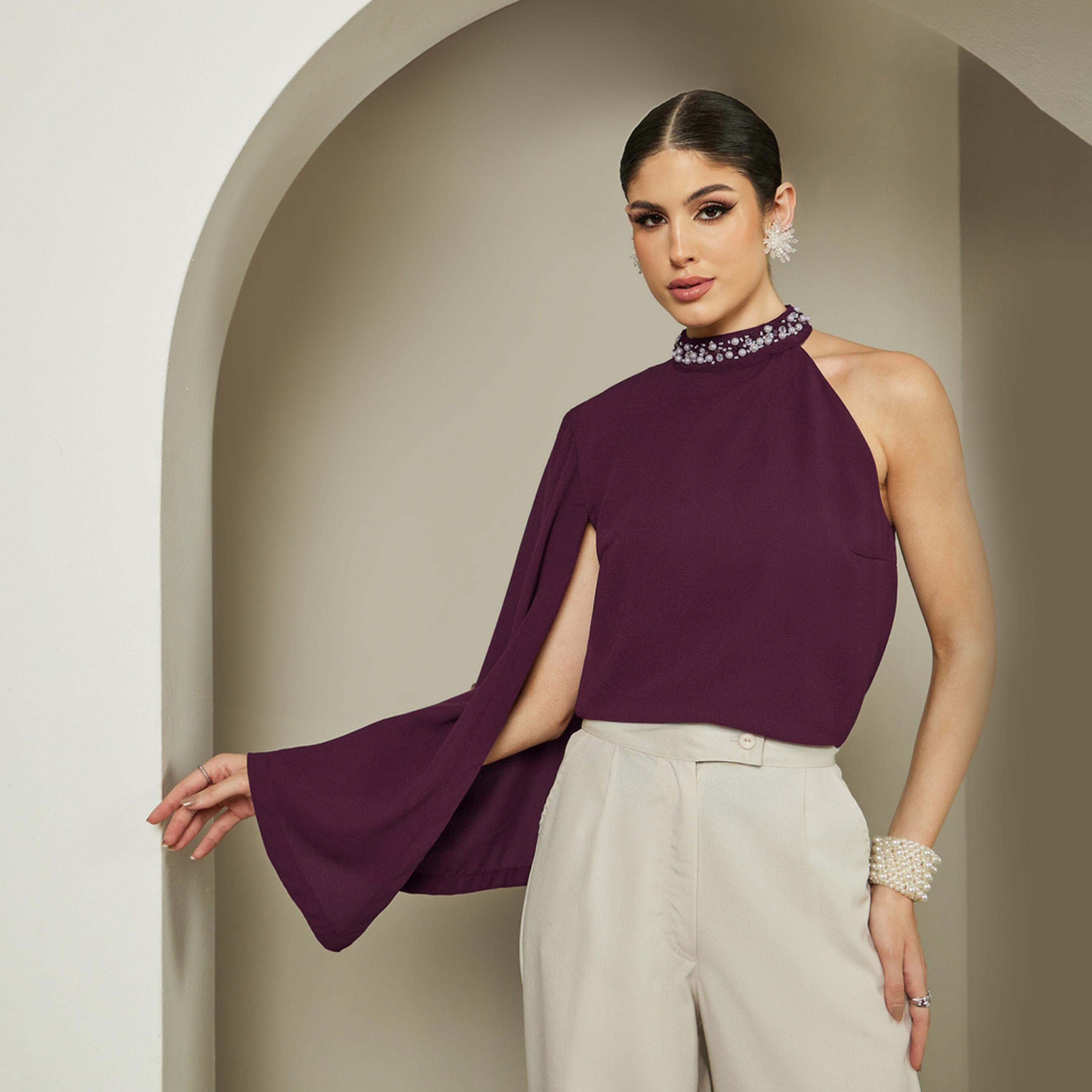 Styli Embellished One Cape Sleeve Halter Neck Blouse-women-clothing-shirtsandblouses-blouses-image-1