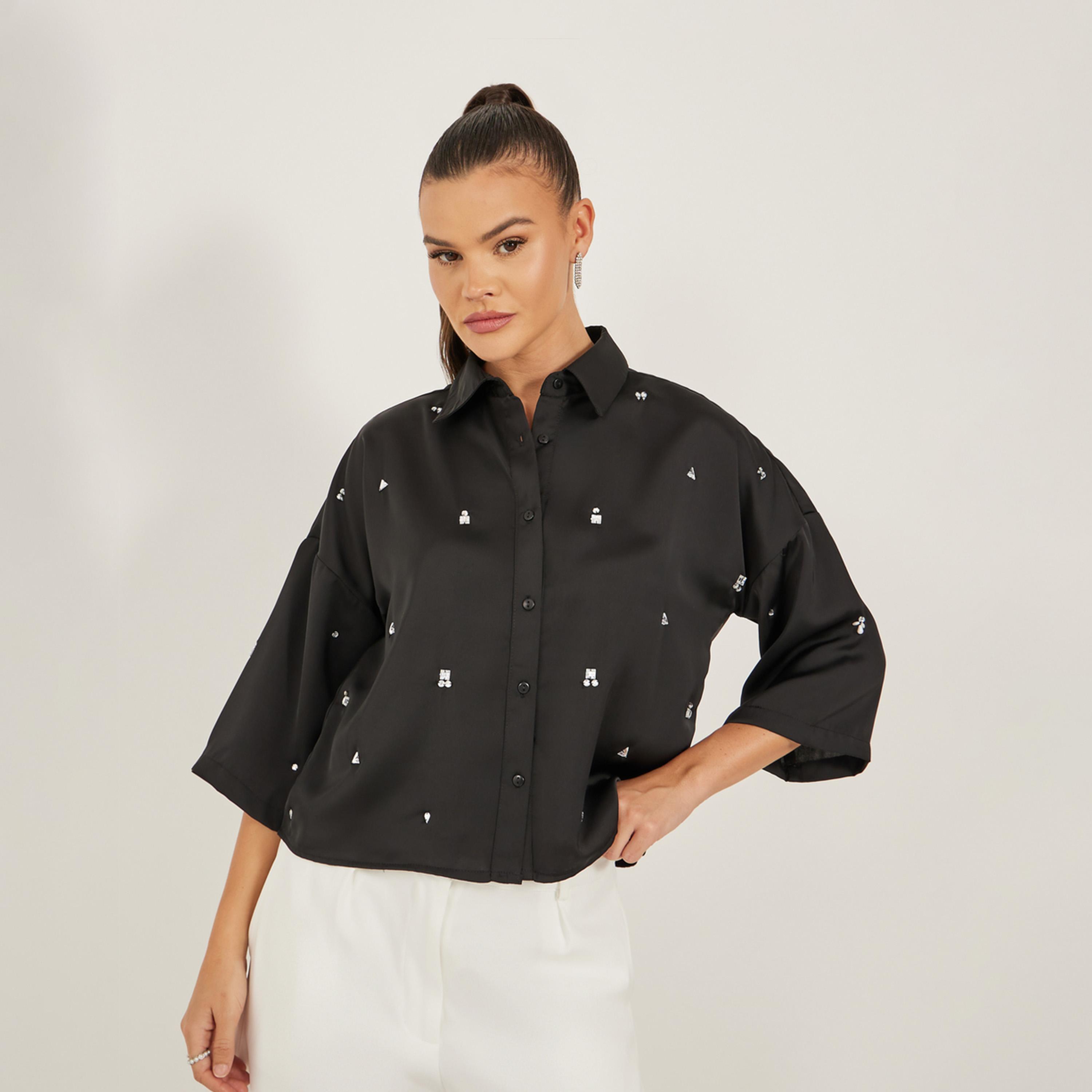 ستايلي - قميص مزين بأكمام 3/4 وقصة مربعة وأكتاف منسدلة-women-clothing-shirtsandblouses-shirts-image-1