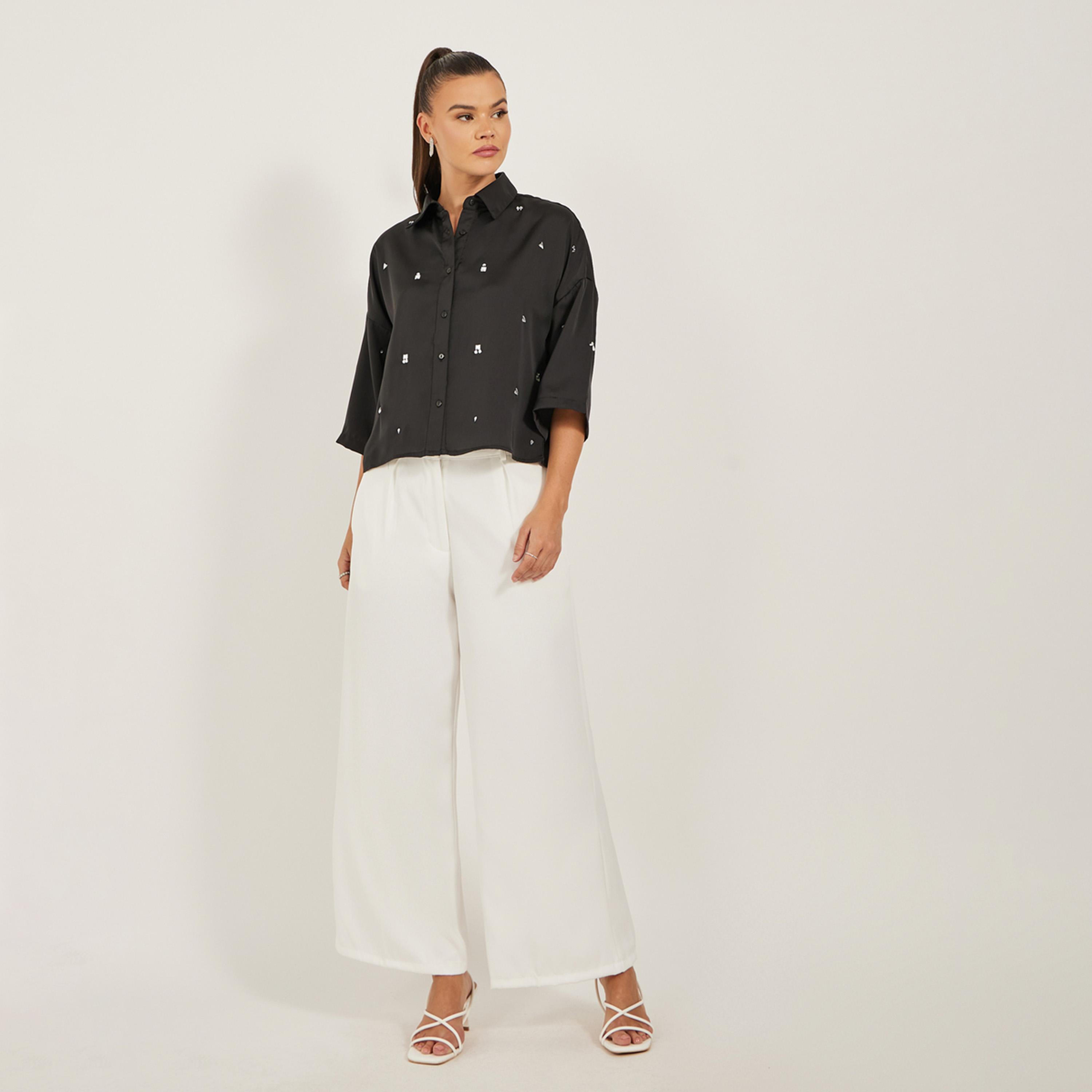 ستايلي - قميص مزين بأكمام 3/4 وقصة مربعة وأكتاف منسدلة-women-clothing-shirtsandblouses-shirts-image-2