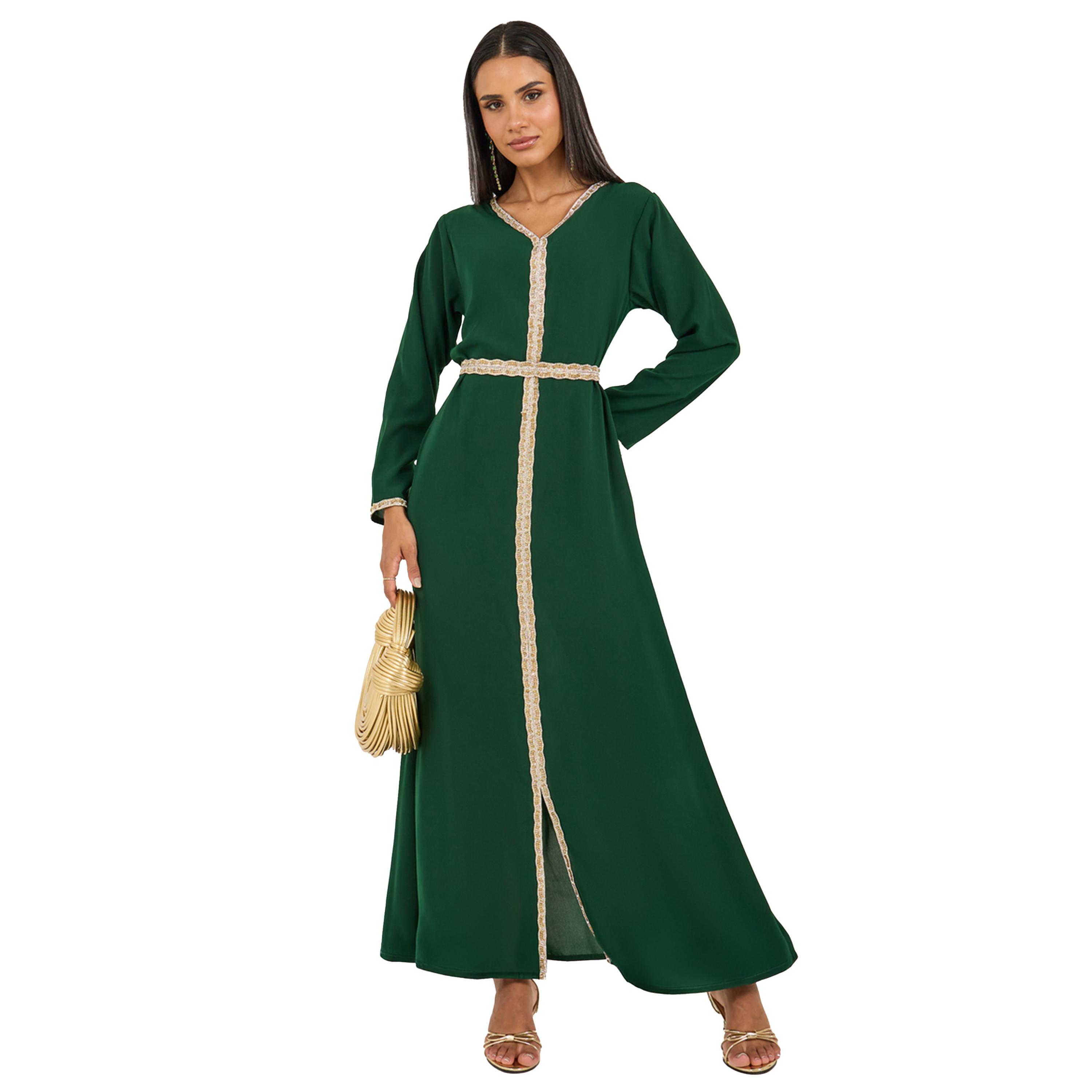 Styli Embroidered Lace Trim V Neck Kaftan-women-arabicclothing-kaftan-image-1