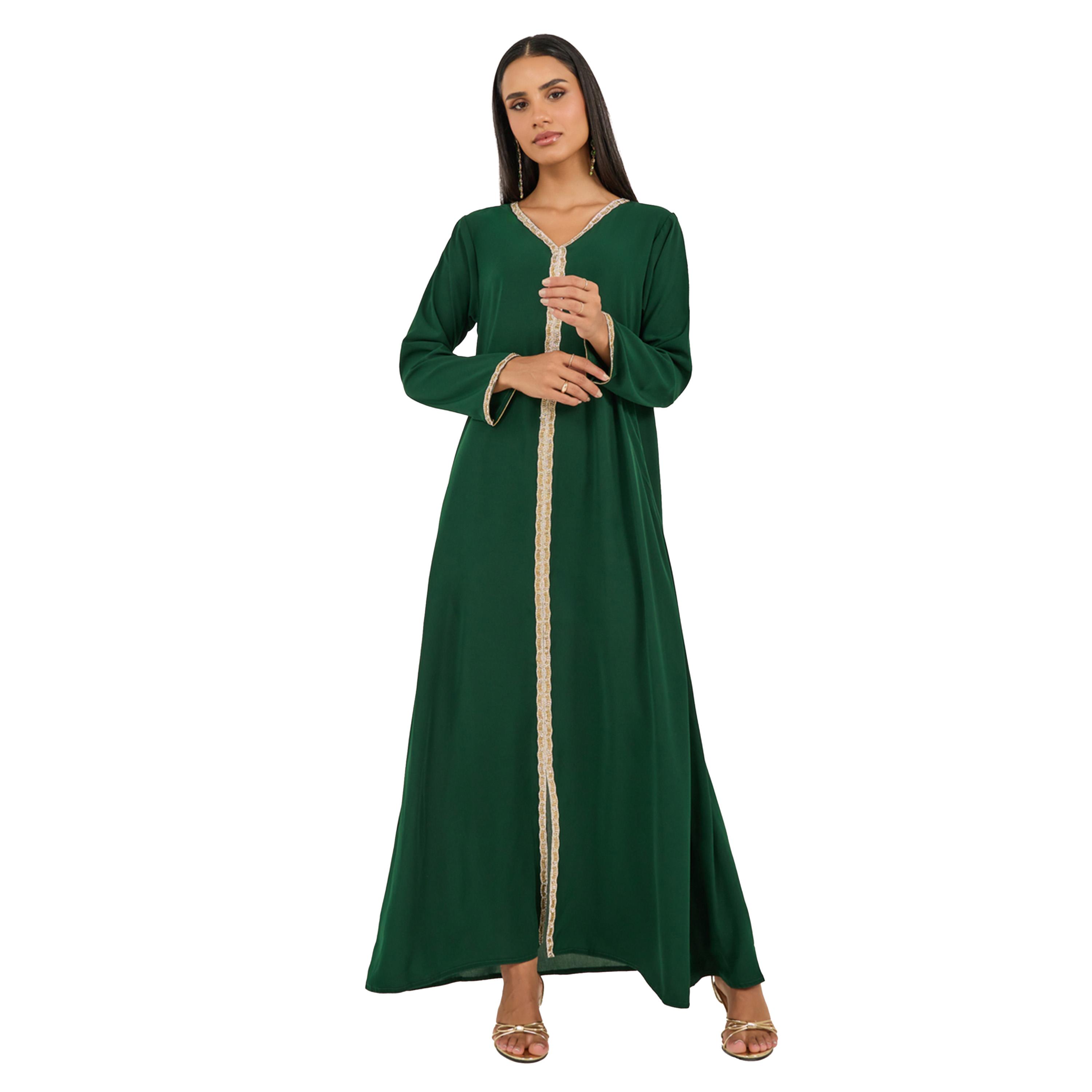 Styli Embroidered Lace Trim V Neck Kaftan-women-arabicclothing-kaftan-image-2