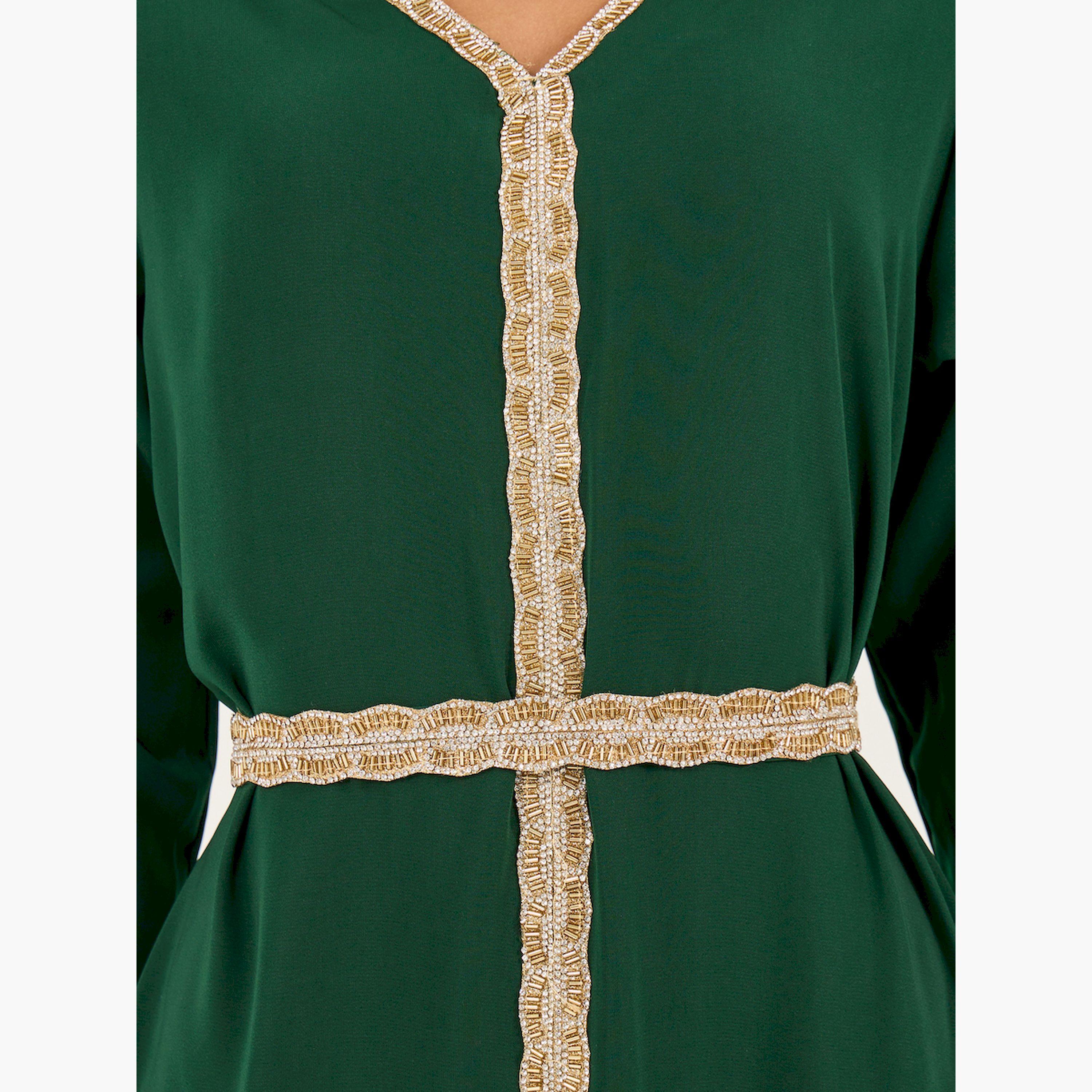 Styli Embroidered Lace Trim V Neck Kaftan-women-arabicclothing-kaftan-image-4