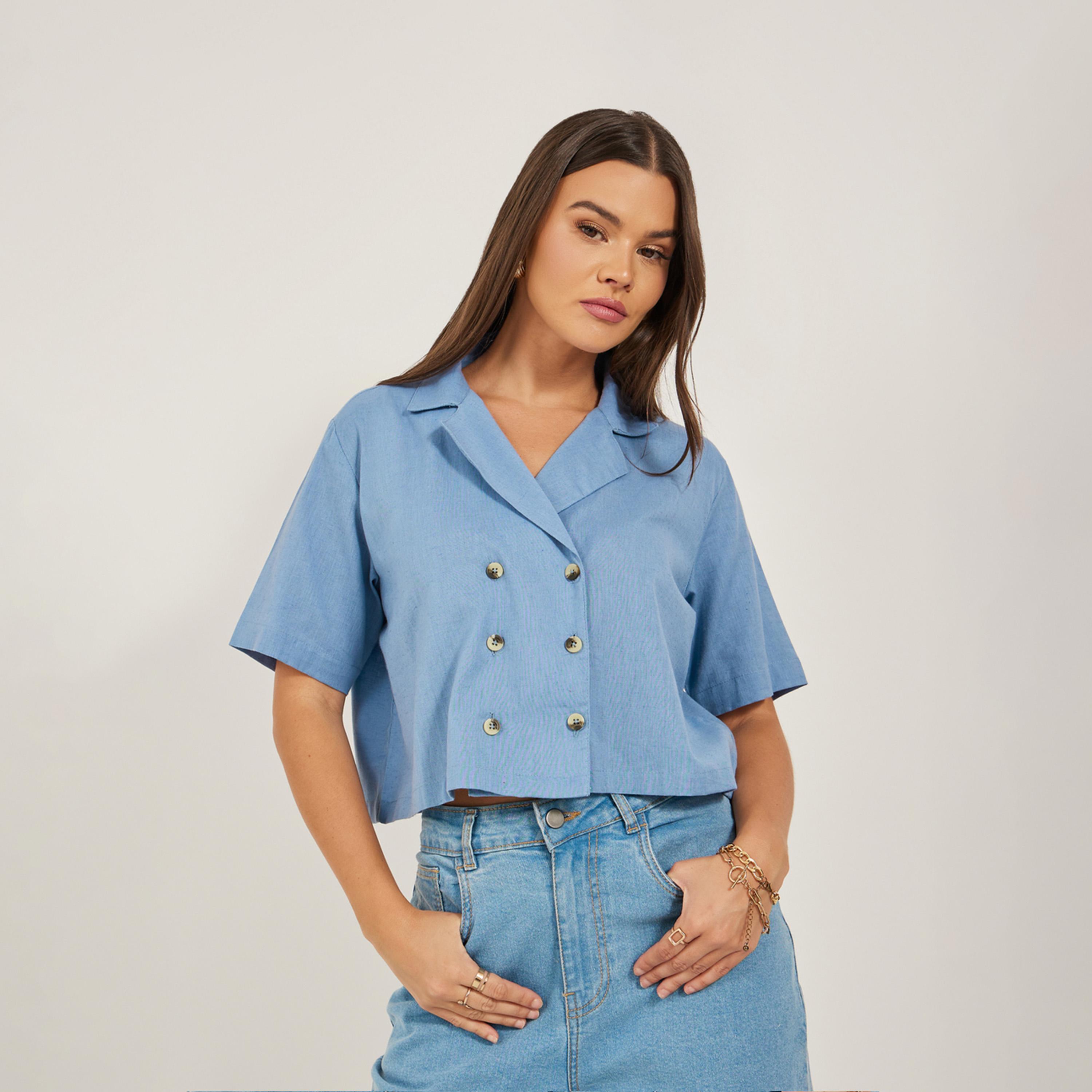 Styli Solid Notch Lapel Double Breasted Crop Top-women-clothing-tshirts-image-1