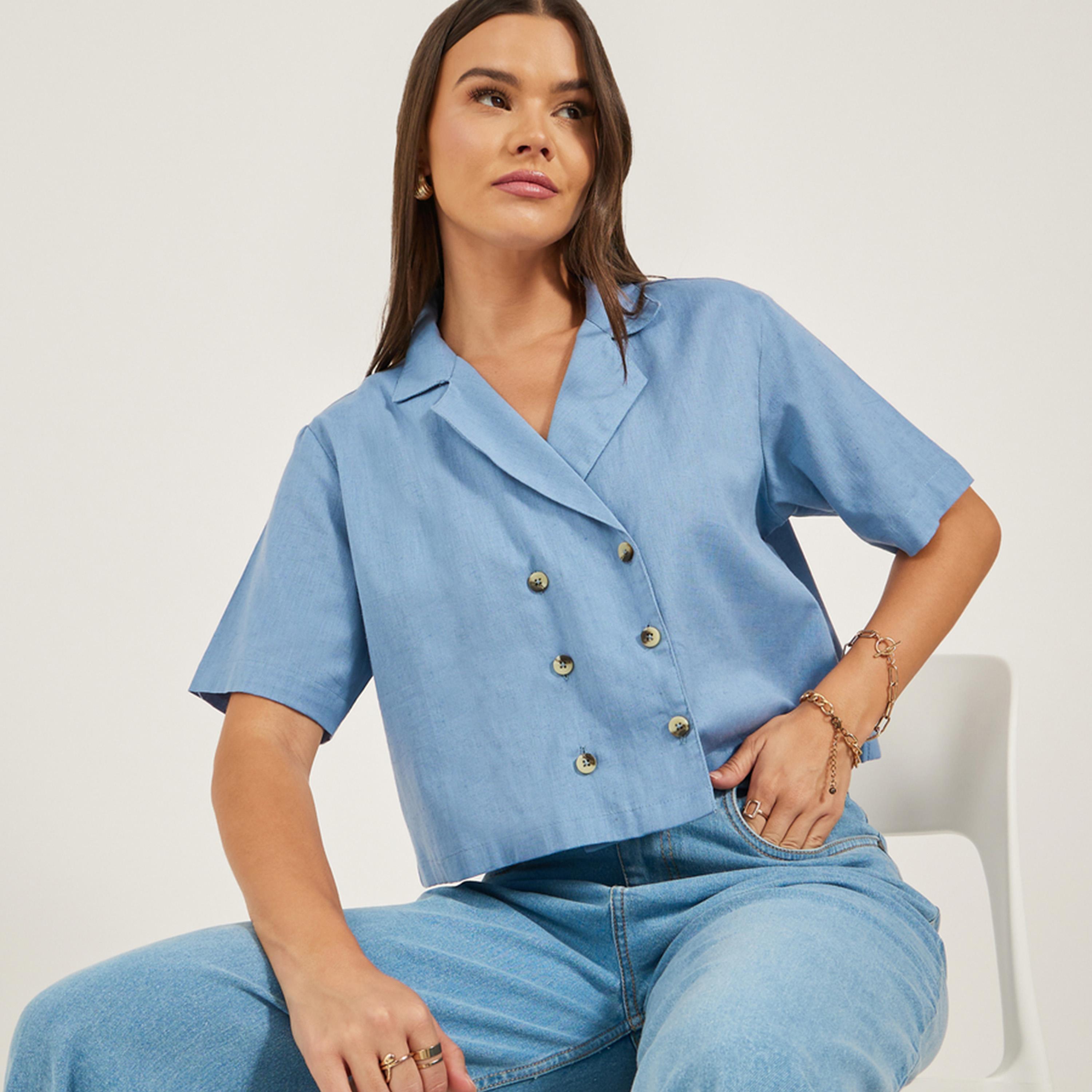 Styli Solid Notch Lapel Double Breasted Crop Top-women-clothing-tshirts-image-3