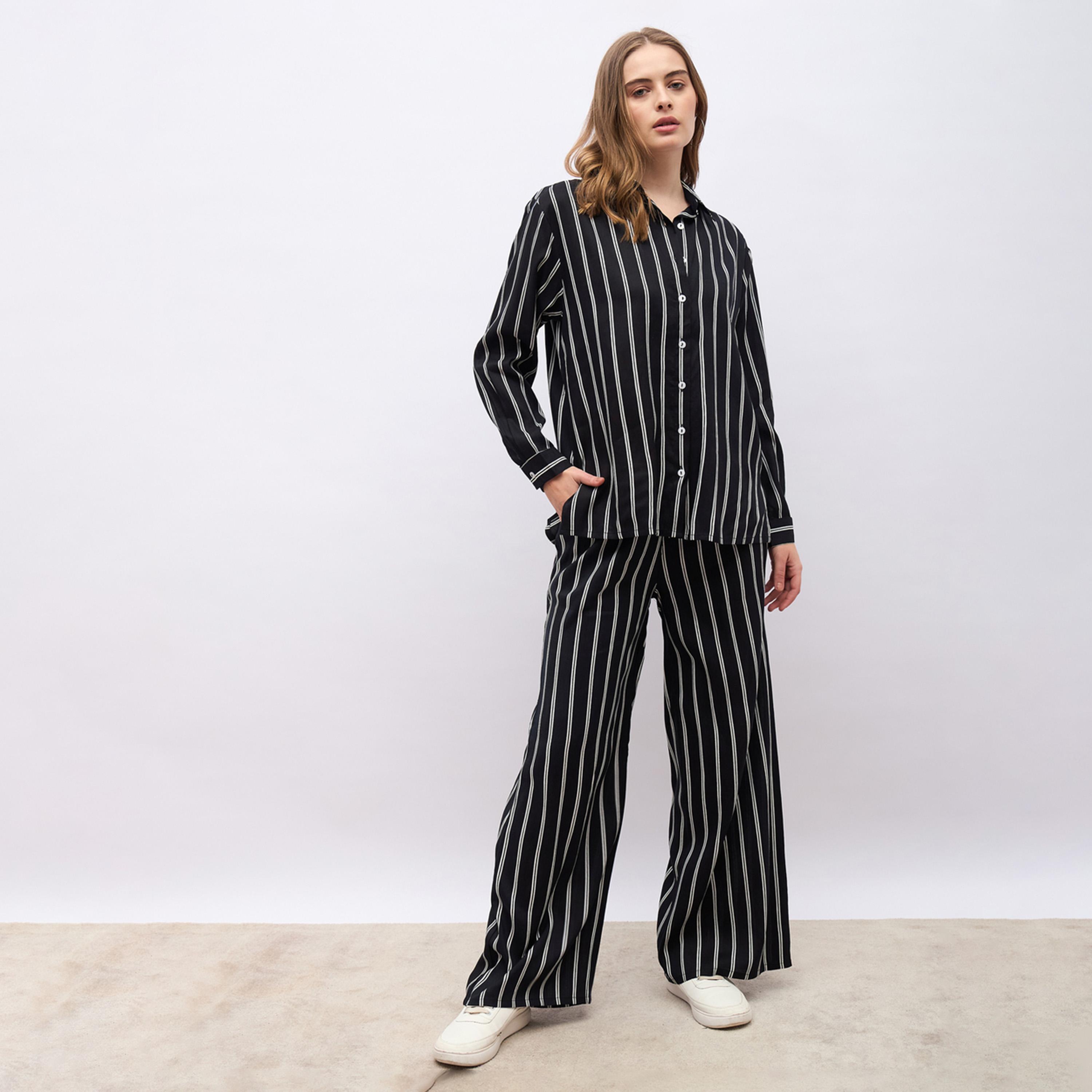 Styli Striped Oversized Shirt & Flared Trousers Co-Ords-women-clothing-coordsets-image-2