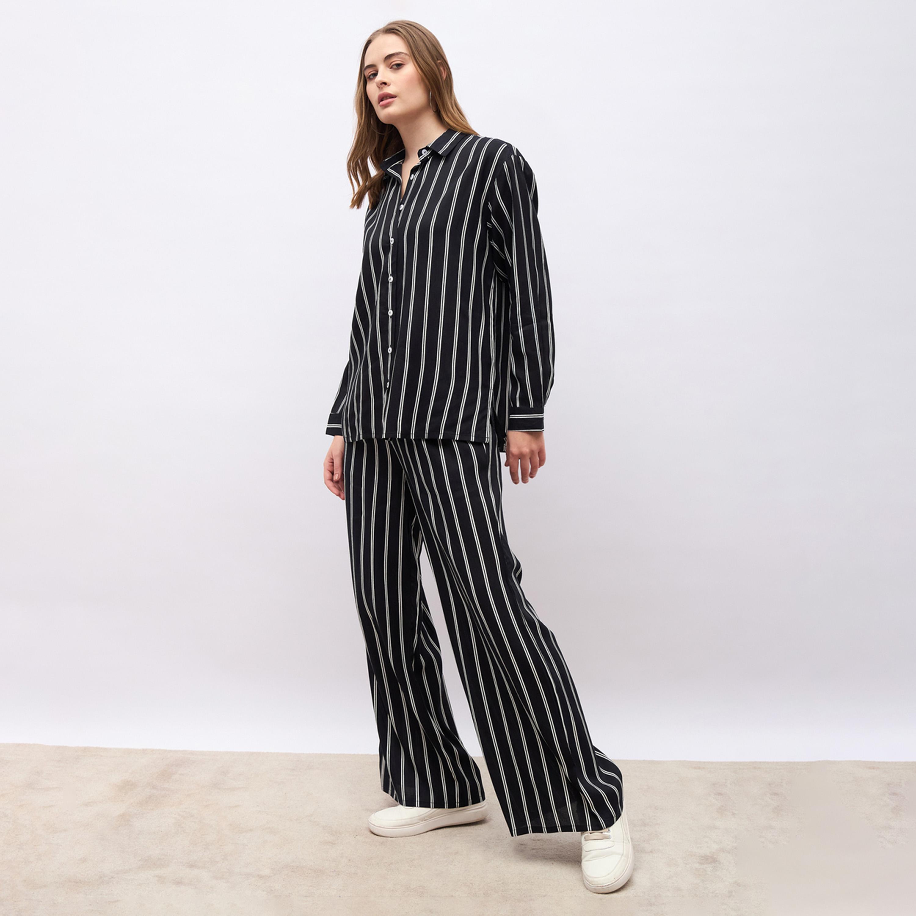 Styli Striped Oversized Shirt & Flared Trousers Co-Ords-women-clothing-coordsets-image-3