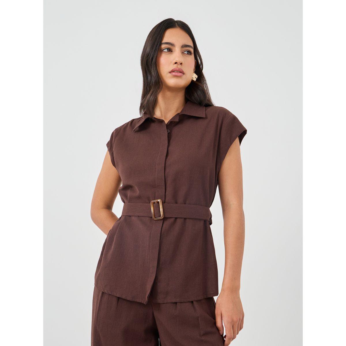 طقم منسق من بنطال بأرجل واسعة وبلوزة سادة بأكمام كاب-women-clothing-coordsets-image-2