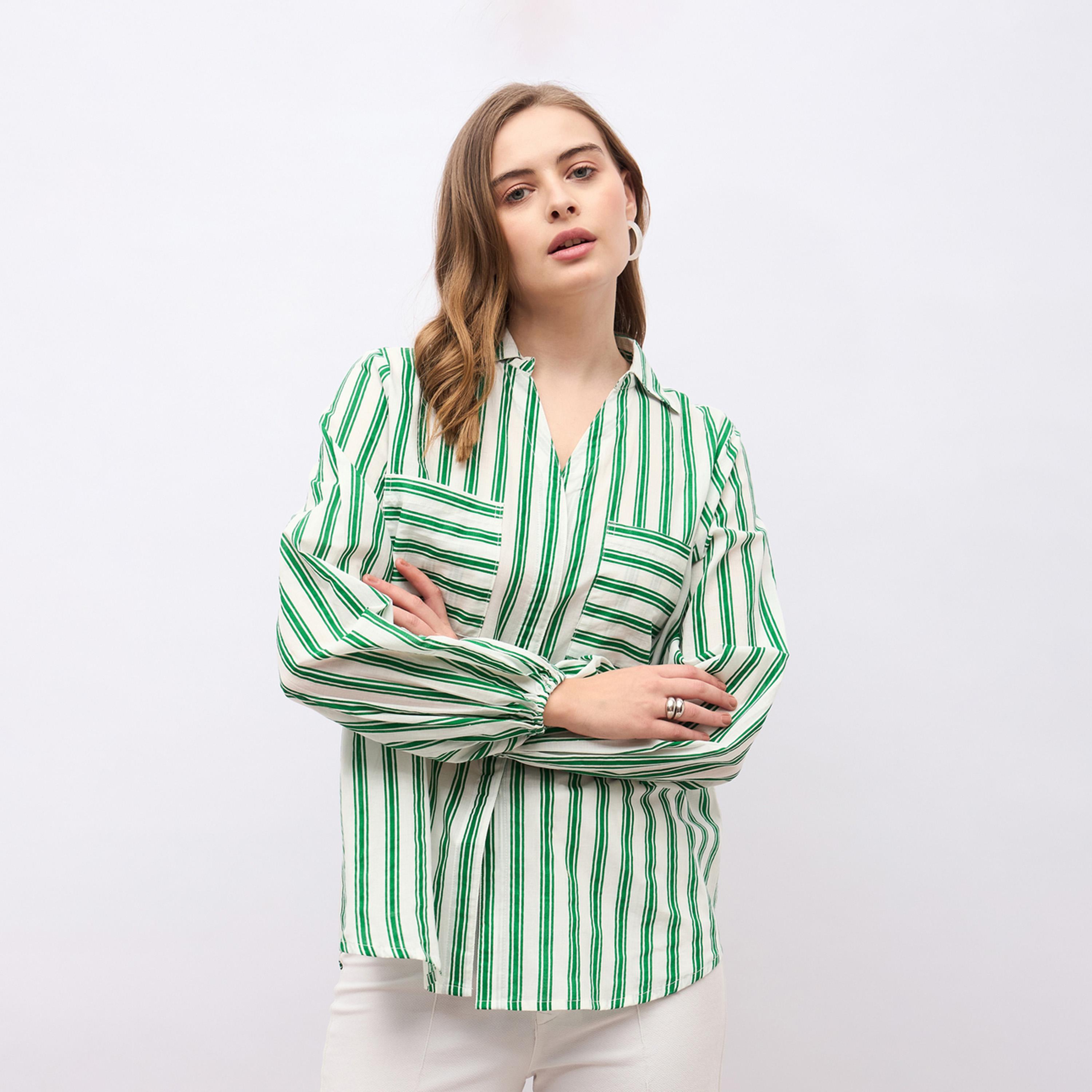 Styli Striped Balloon Sleeve Loose Fit Shirt-women-clothing-shirtsandblouses-shirts-image-2