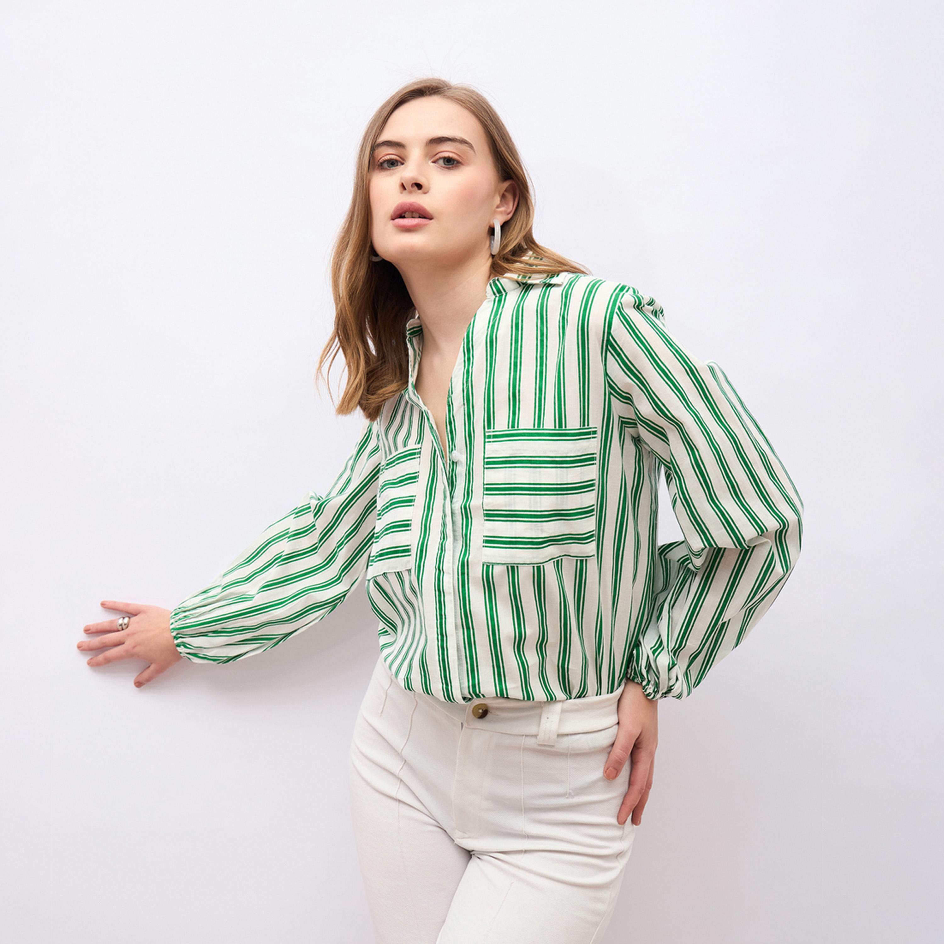 ستايلي - قميص مخطط بأكمام منفوخة وفضفاض-women-clothing-shirtsandblouses-shirts-image-3