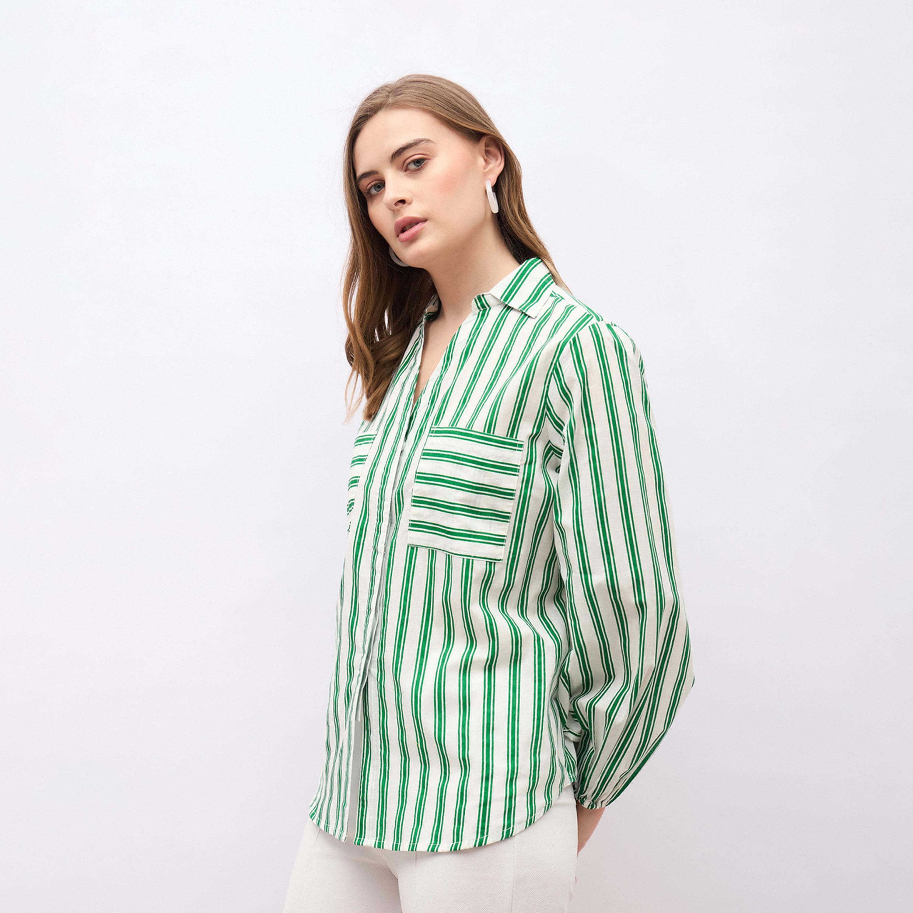 ستايلي - قميص مخطط بأكمام منفوخة وفضفاض-women-clothing-shirtsandblouses-shirts-image-6