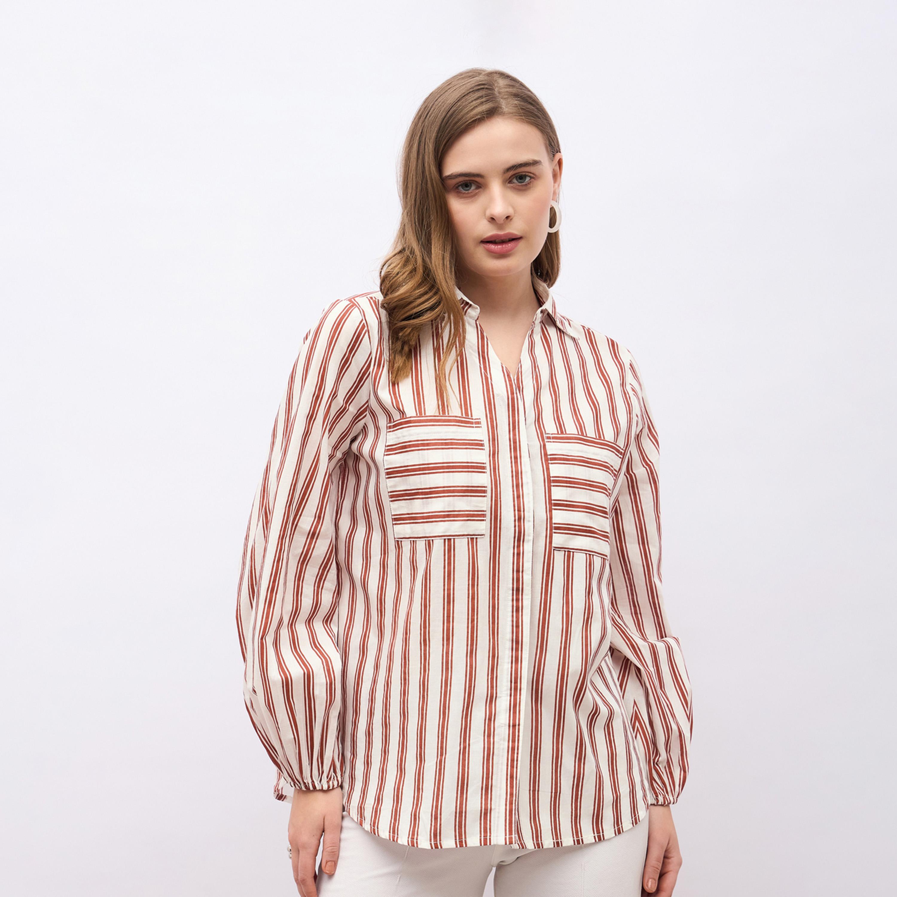 ستايلي - قميص مخطط بياقة واسعة وقصّة عادية-women-clothing-shirtsandblouses-shirts-image-2