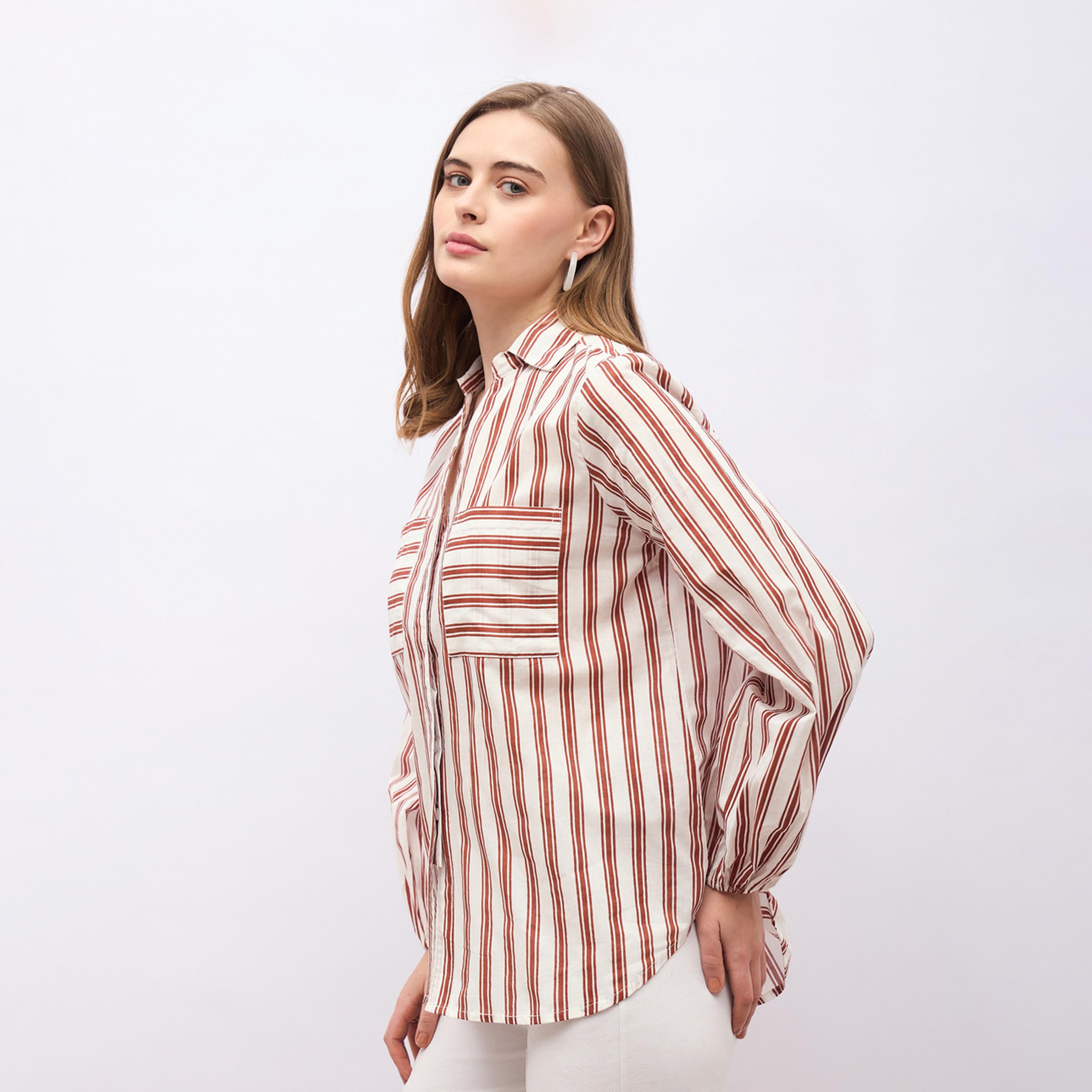 ستايلي - قميص مخطط بياقة واسعة وقصّة عادية-women-clothing-shirtsandblouses-shirts-image-3