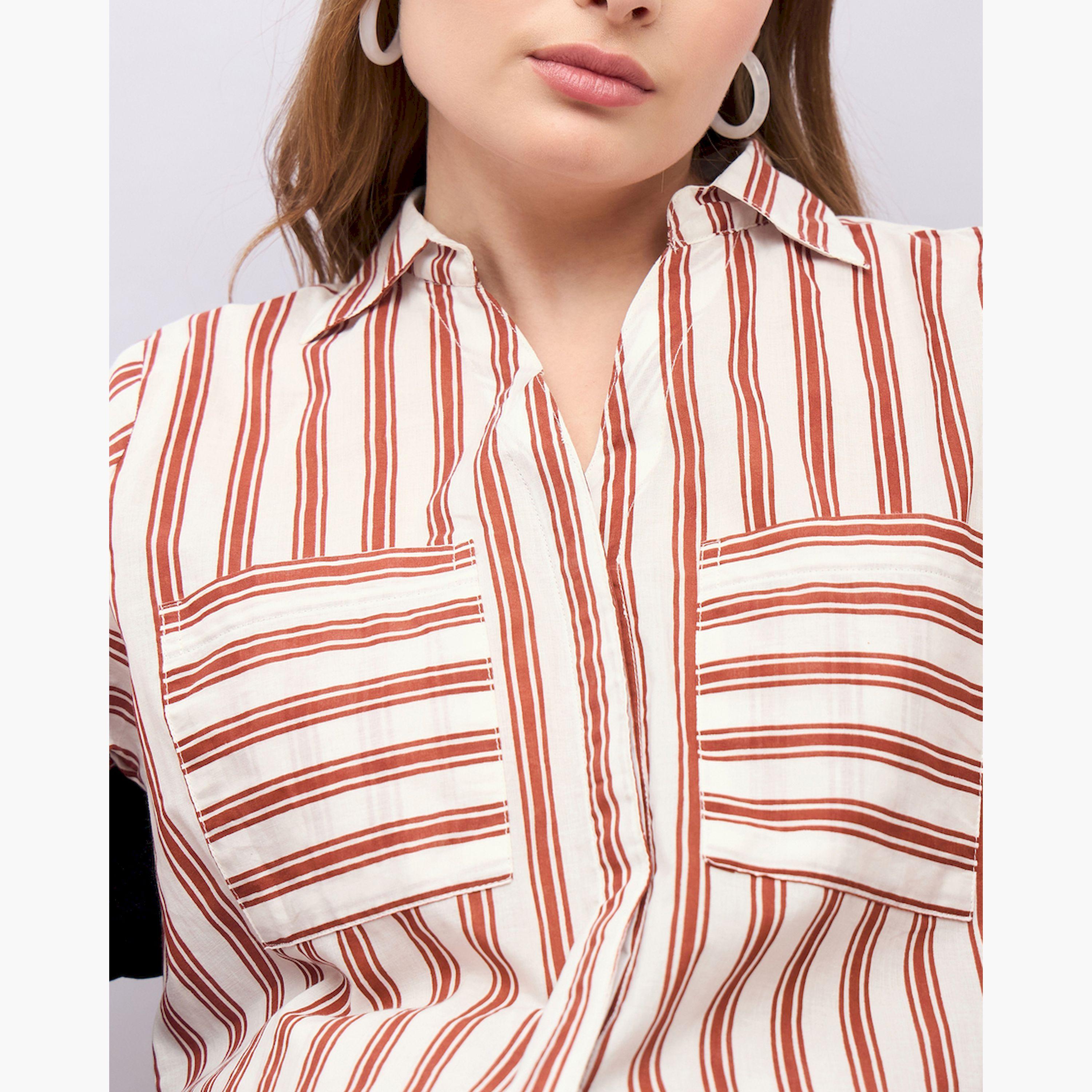 ستايلي - قميص مخطط بياقة واسعة وقصّة عادية-women-clothing-shirtsandblouses-shirts-image-4