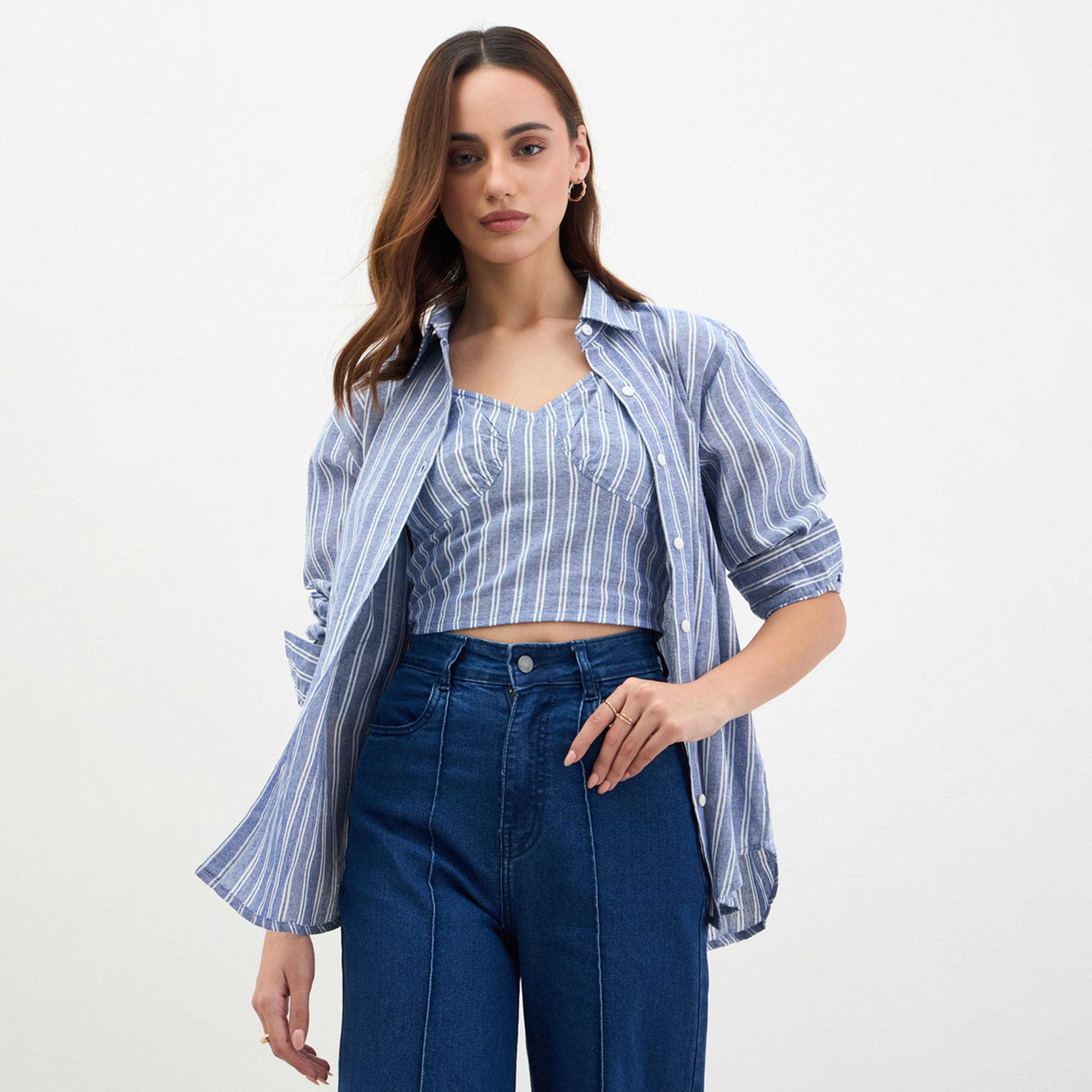 Styli Blue Striped Shirt and Crop Top Set-women-clothing-shirtsandblouses-shirts-image-1