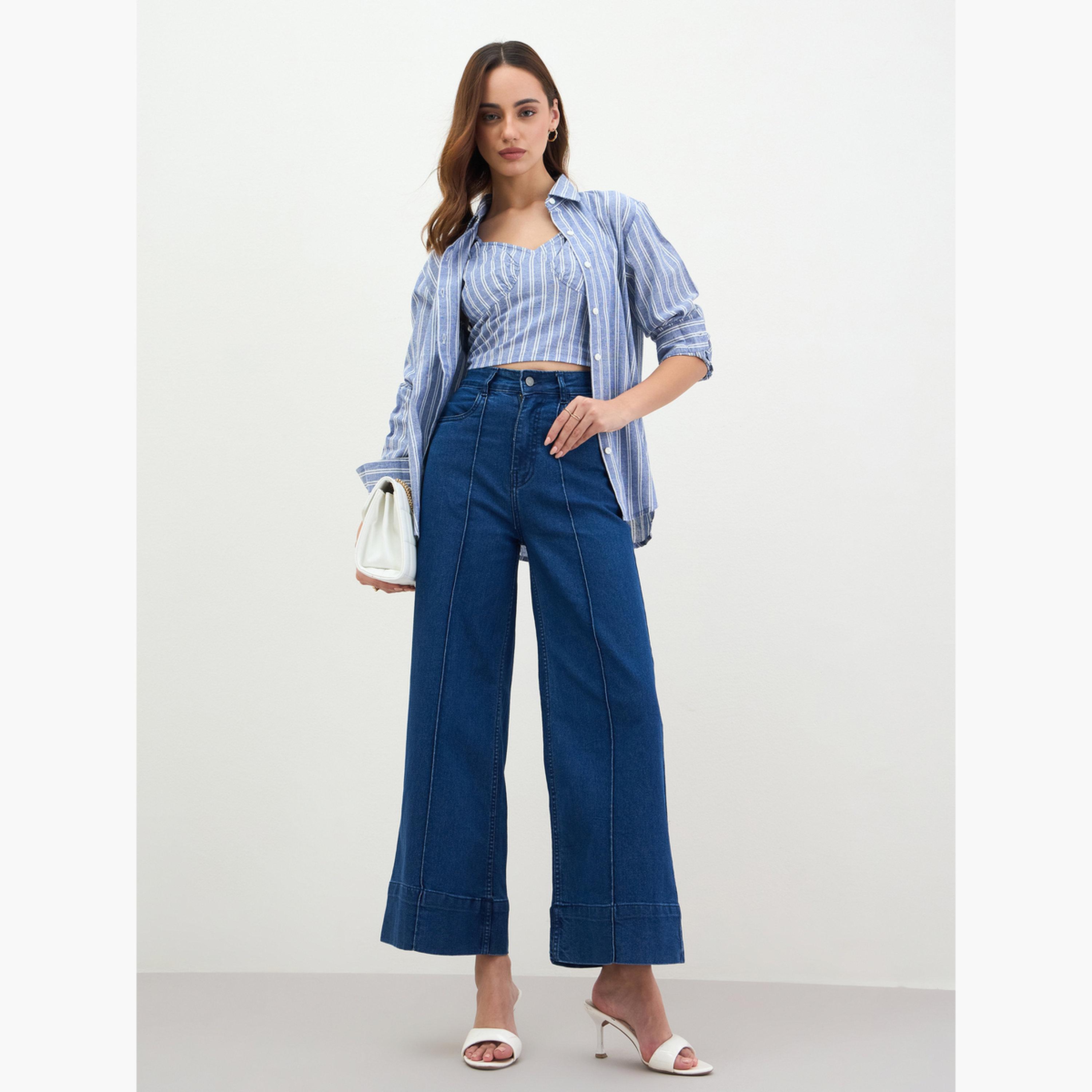 Styli Blue Striped Shirt and Crop Top Set-women-clothing-shirtsandblouses-shirts-image-2
