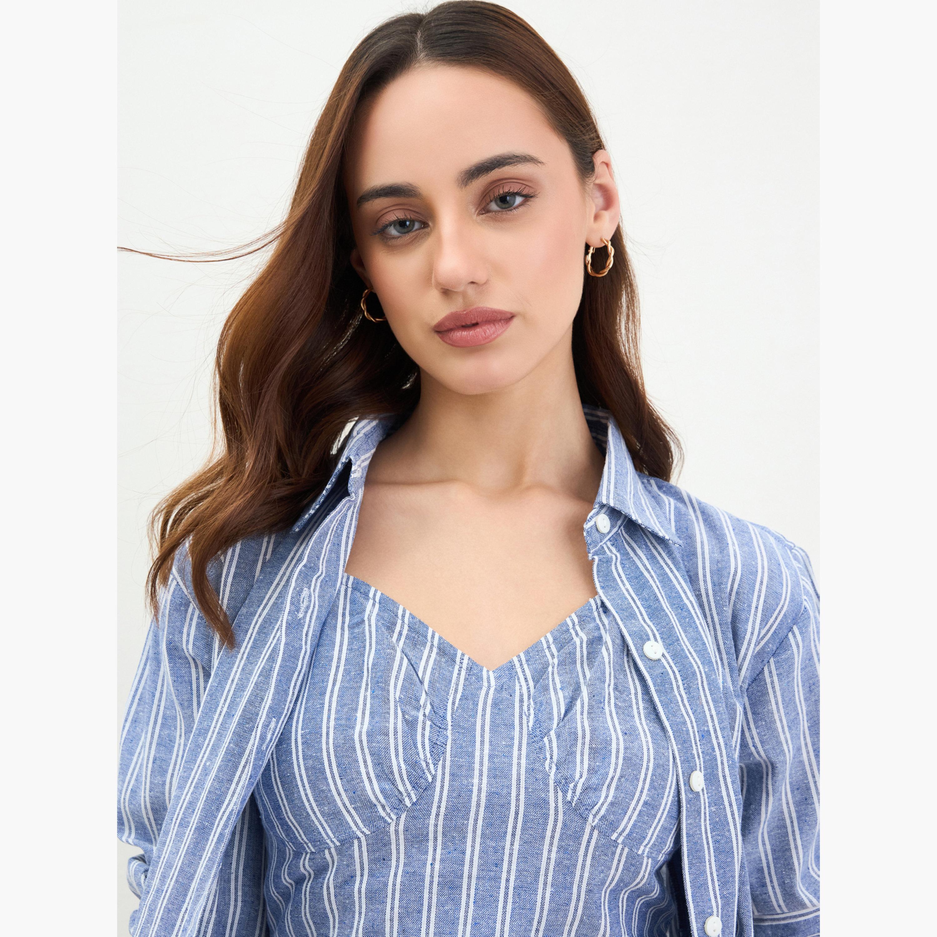 Styli Blue Striped Shirt and Crop Top Set-women-clothing-shirtsandblouses-shirts-image-4