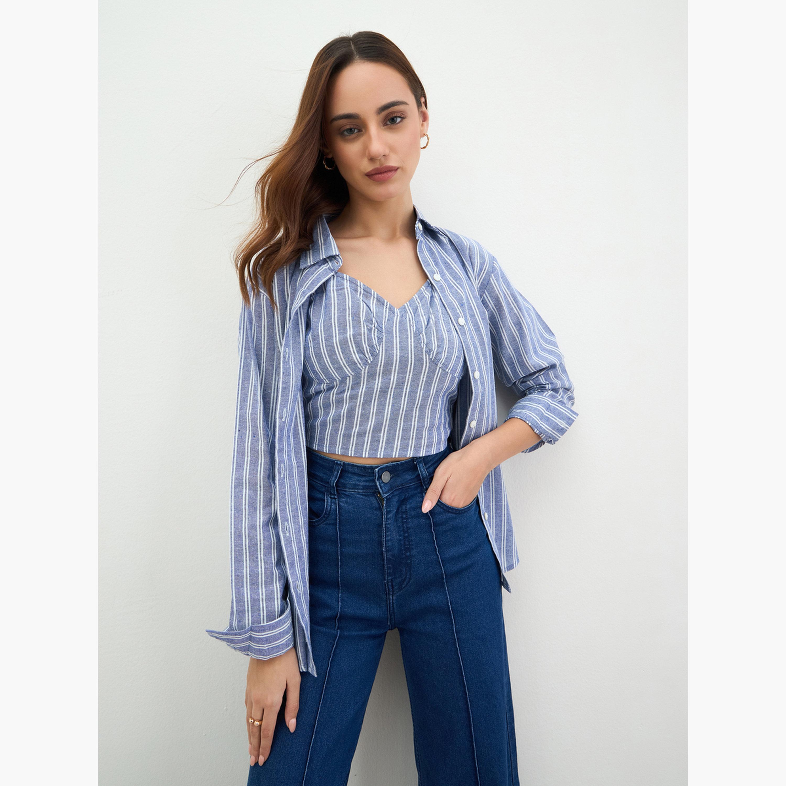 Styli Blue Striped Shirt and Crop Top Set-women-clothing-shirtsandblouses-shirts-image-6