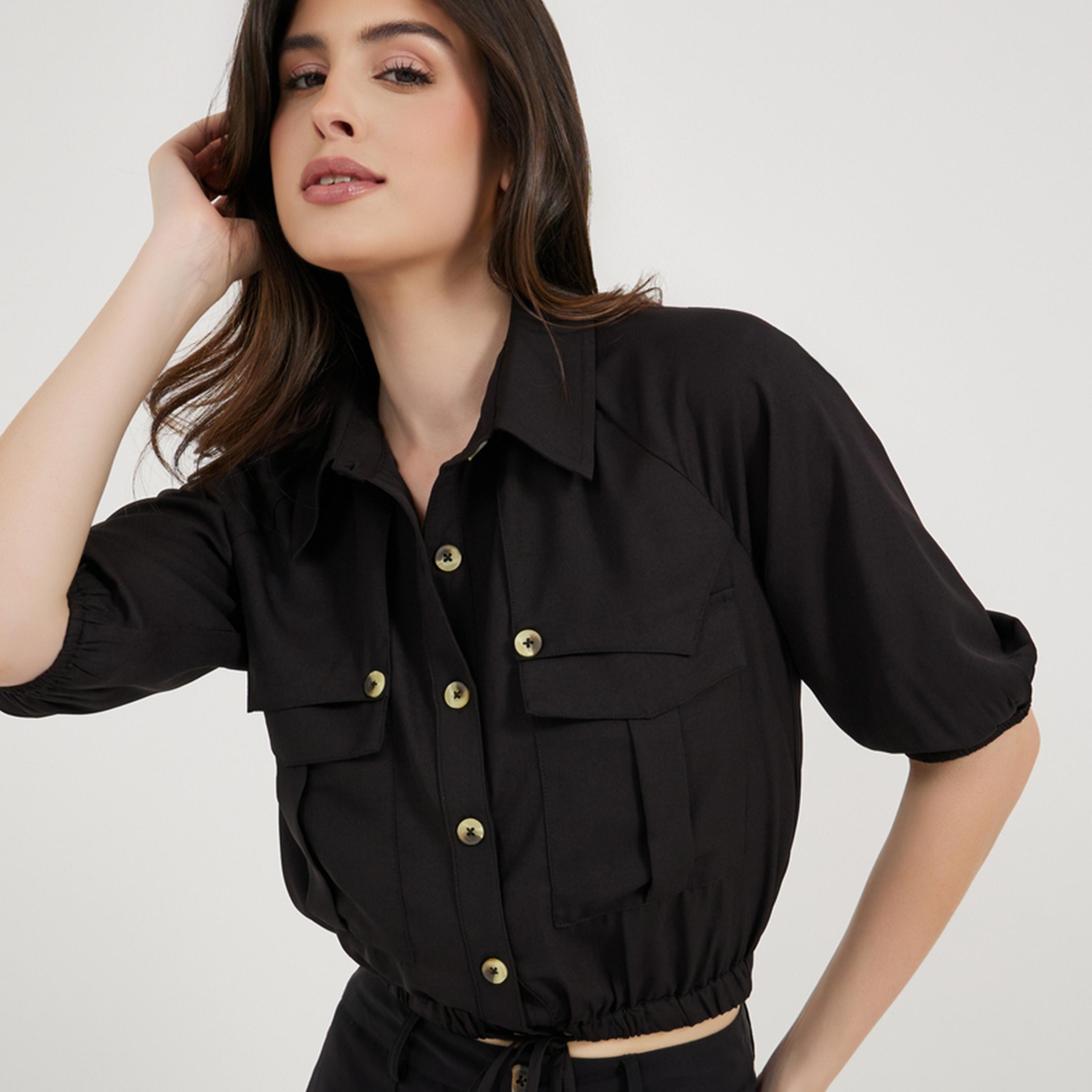 ستايلي - قميص قصير بأكمام منفوخة مع رباط وتفاصيل جيوب-women-clothing-shirtsandblouses-shirts-image-1