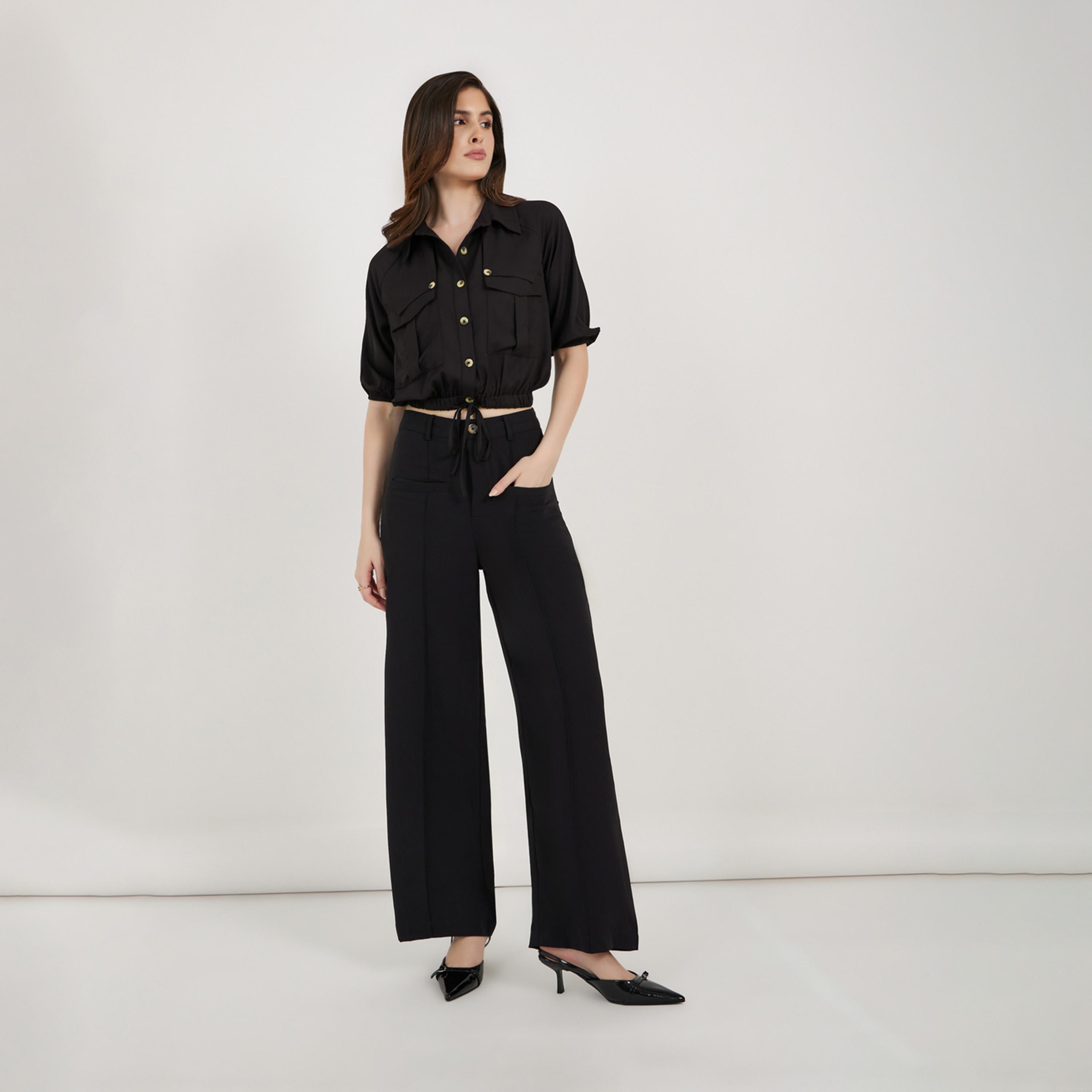 ستايلي - قميص قصير بأكمام منفوخة مع رباط وتفاصيل جيوب-women-clothing-shirtsandblouses-shirts-image-2
