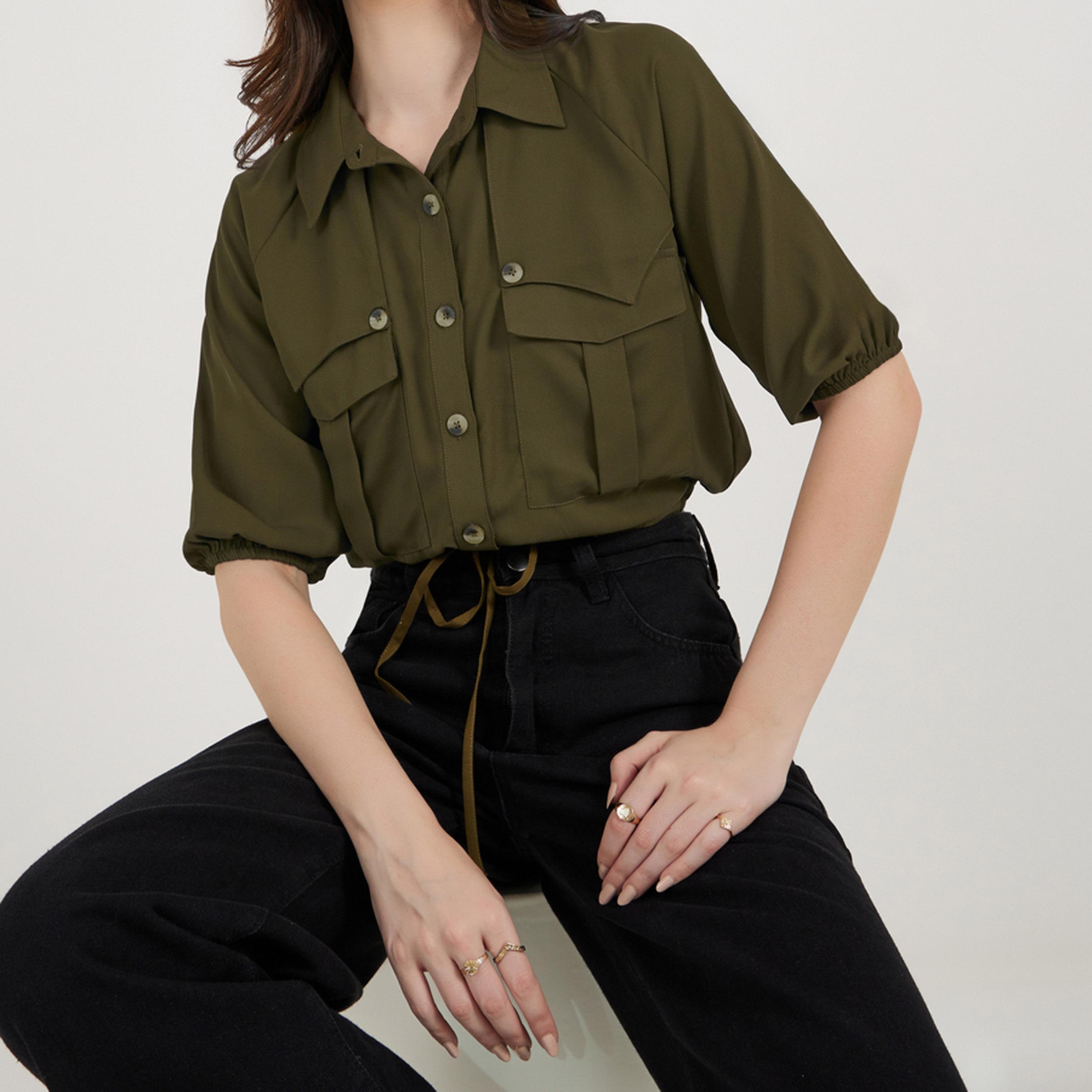 Styli Solid Balloon Sleeve Crop Shirt with Pockets and Drawstring Detail-women-clothing-shirtsandblouses-shirts-image-1