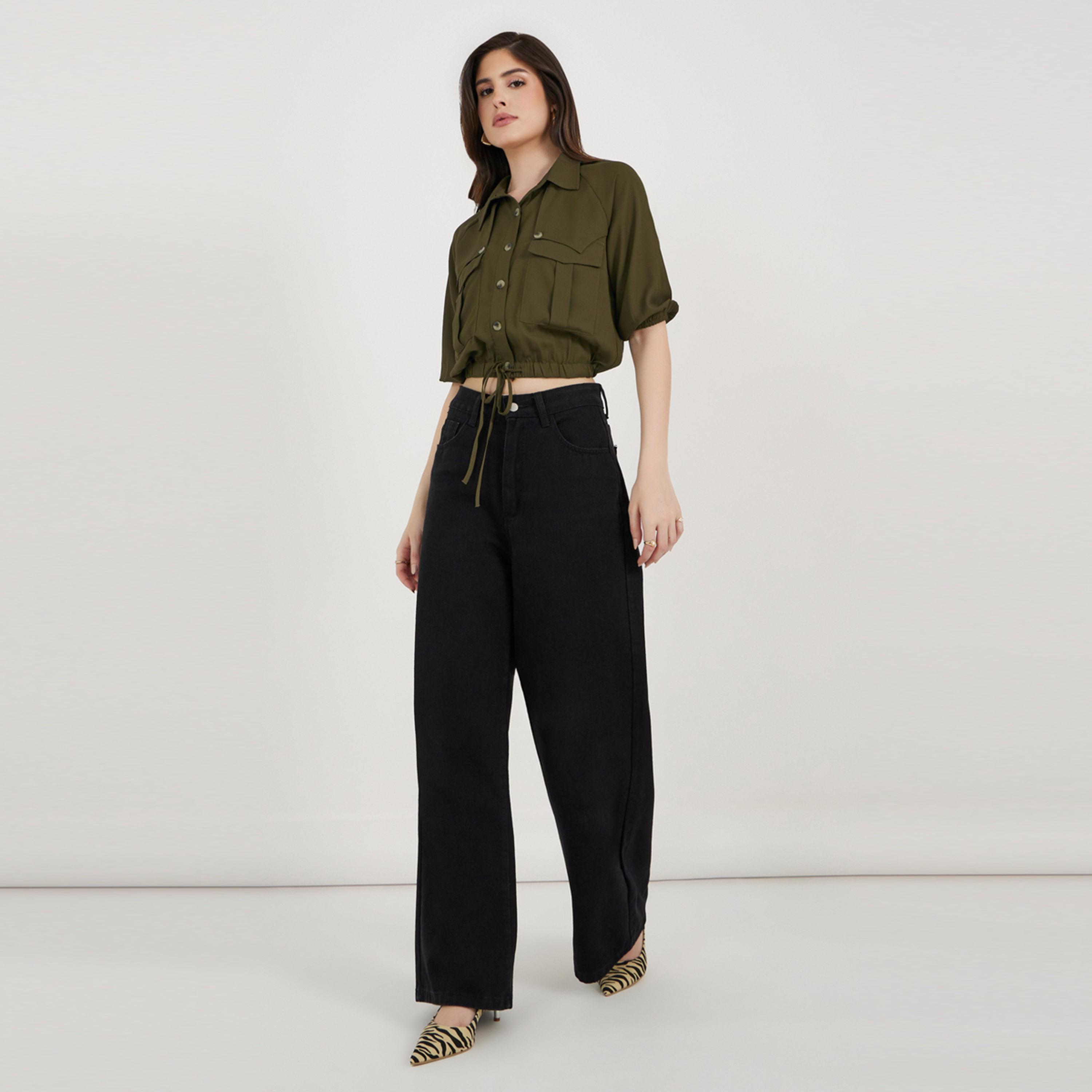 ستايلي - قميص سادة بأكمام قصيرة منفوخة مع جيوب وتفاصيل رباط-women-clothing-shirtsandblouses-shirts-image-2
