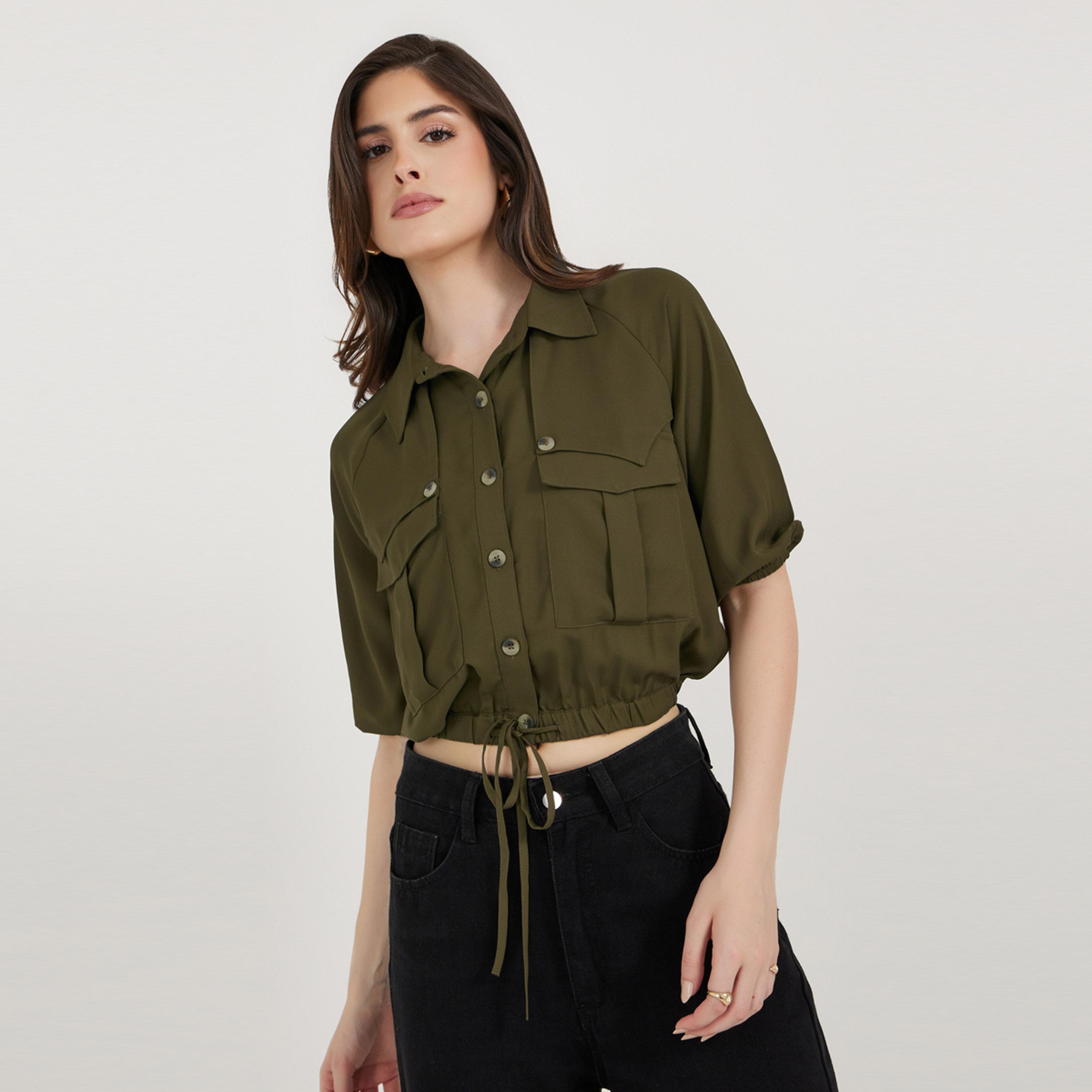 Styli Solid Balloon Sleeve Crop Shirt with Pockets and Drawstring Detail-women-clothing-shirtsandblouses-shirts-image-3