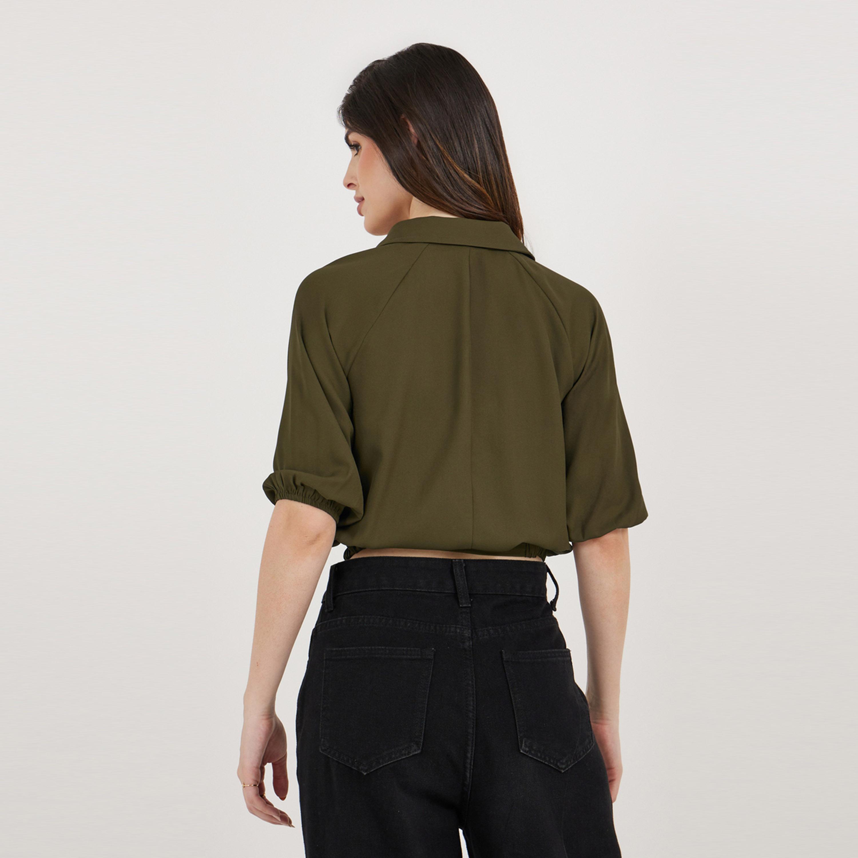 ستايلي - قميص سادة بأكمام قصيرة منفوخة مع جيوب وتفاصيل رباط-women-clothing-shirtsandblouses-shirts-image-5