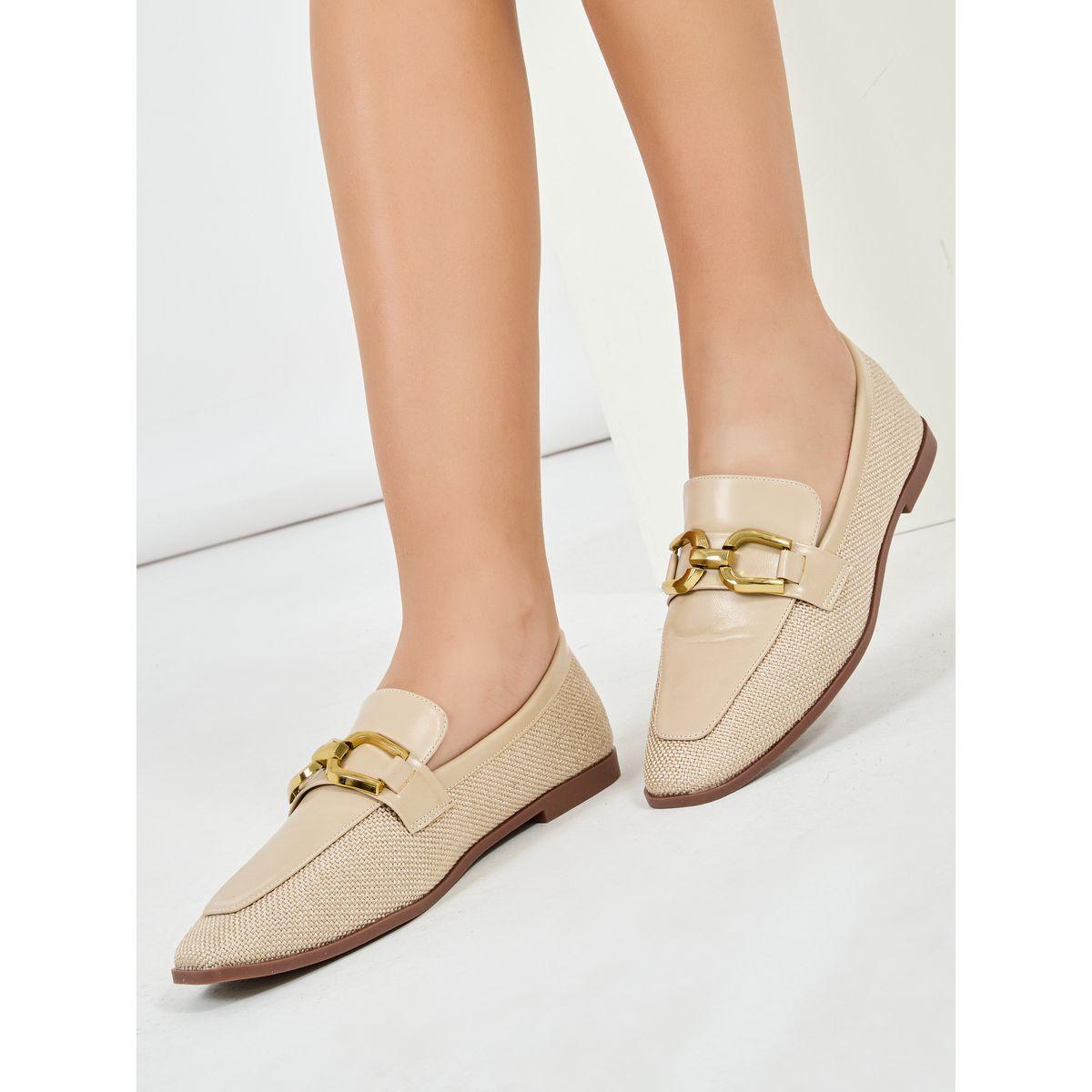 Metal Buckle Design Textured Loafers-women-shoes-flats-loafers-image-1