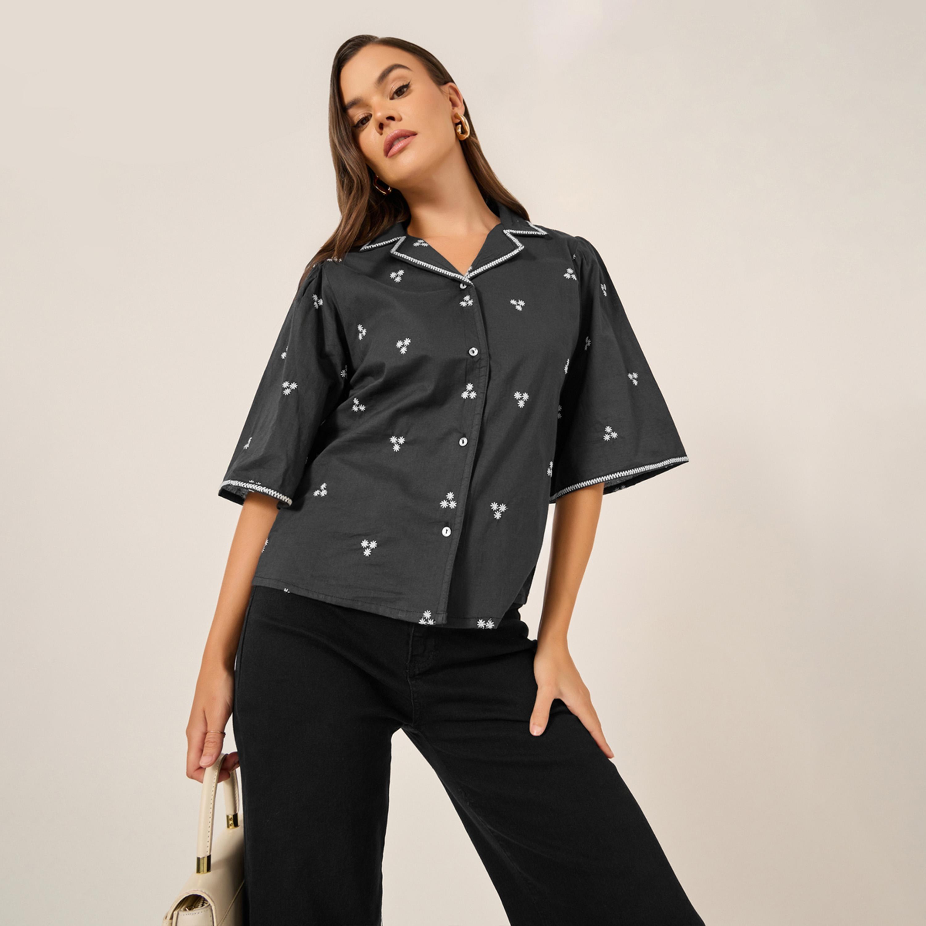 Styli Embroidered Notch Lapel Buttoned Top with Flared Sleeves-women-clothing-shirtsandblouses-blouses-image-1