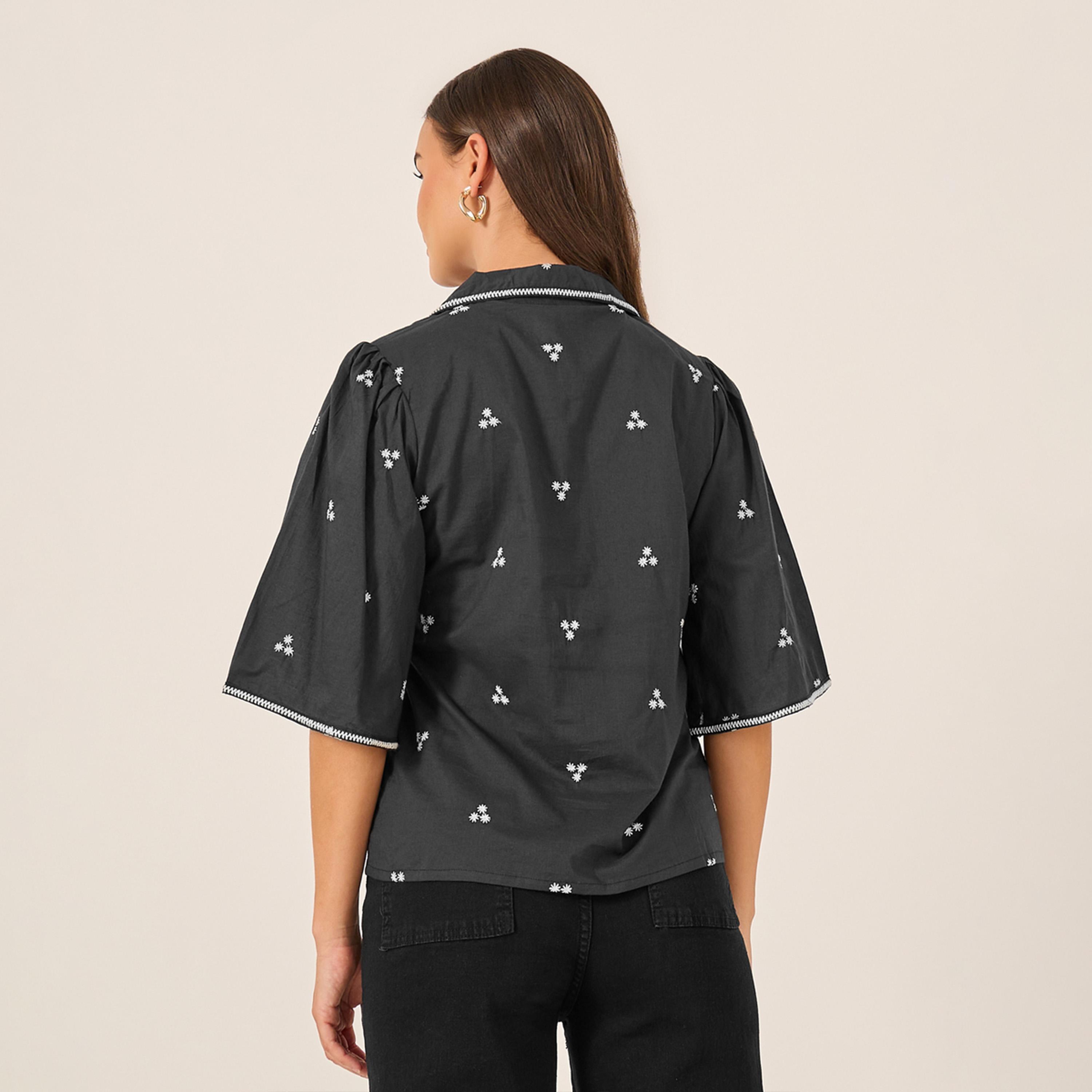 Styli Embroidered Notch Lapel Buttoned Top with Flared Sleeves-women-clothing-shirtsandblouses-blouses-image-5